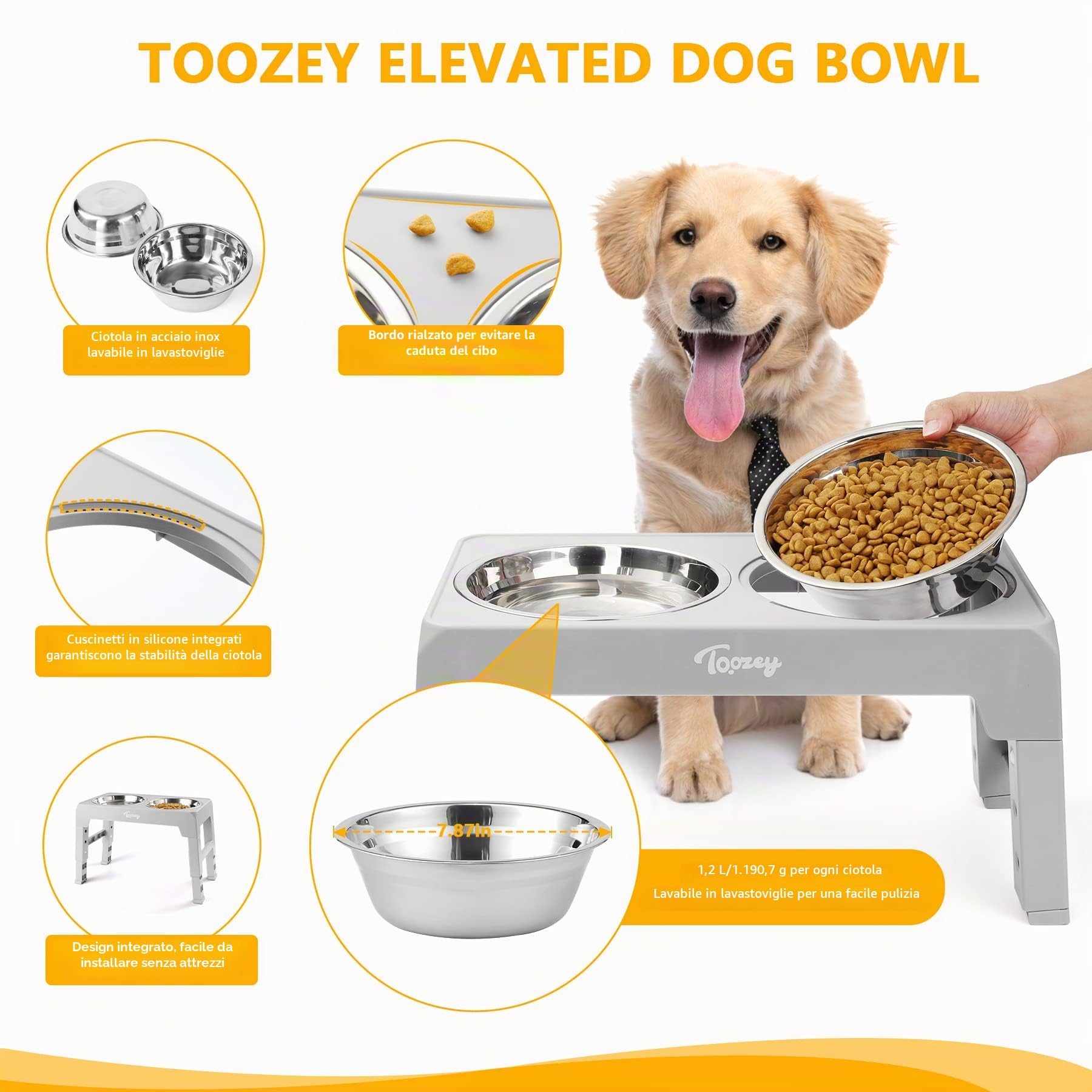 Toozey Ciotola per cani, mangiatoia con 2 ciotole in acciaio inox da 1200 ml, per cani medi e grandi, 4 ciotole regolabili in altezza, grigio
