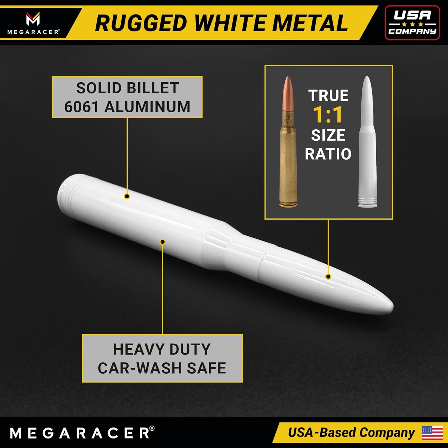 Gloss White 50 Cal Bullet Antenna for Truck - Fits Ford F150 F250 Bronco RAM 1500 Chevy Silverado GMC Sierra Tundra Tacoma - Billet Aluminum, UV & Chip Resistant, Car Wash Safe, Short Replacement