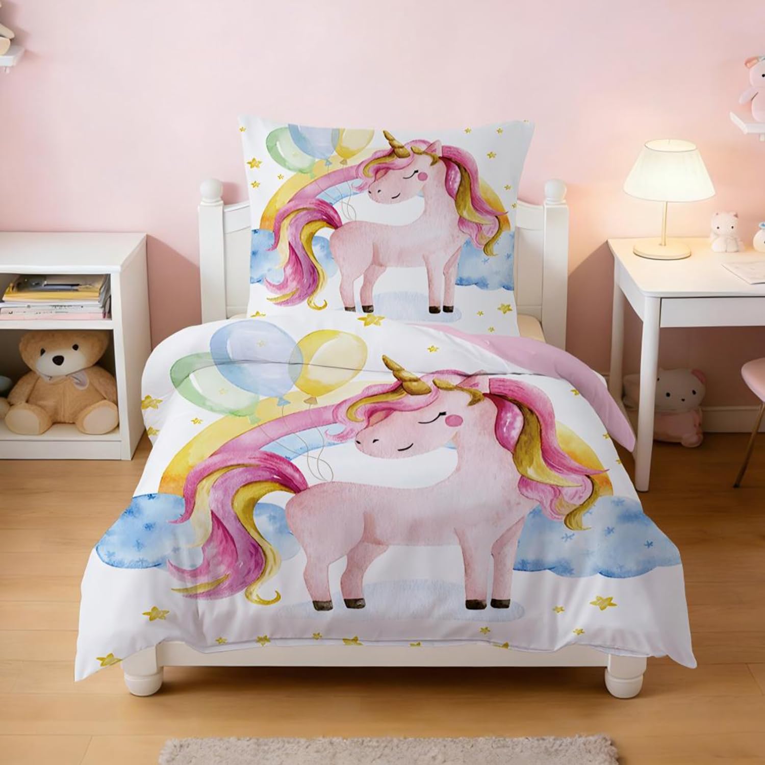Licorne Enfant Housse de Couette, Fille Parure de Lit 90x190cm - Microfibre Parure de Couette avec Fermeture Eclair + 1Taie d'oreiller 40x60cm