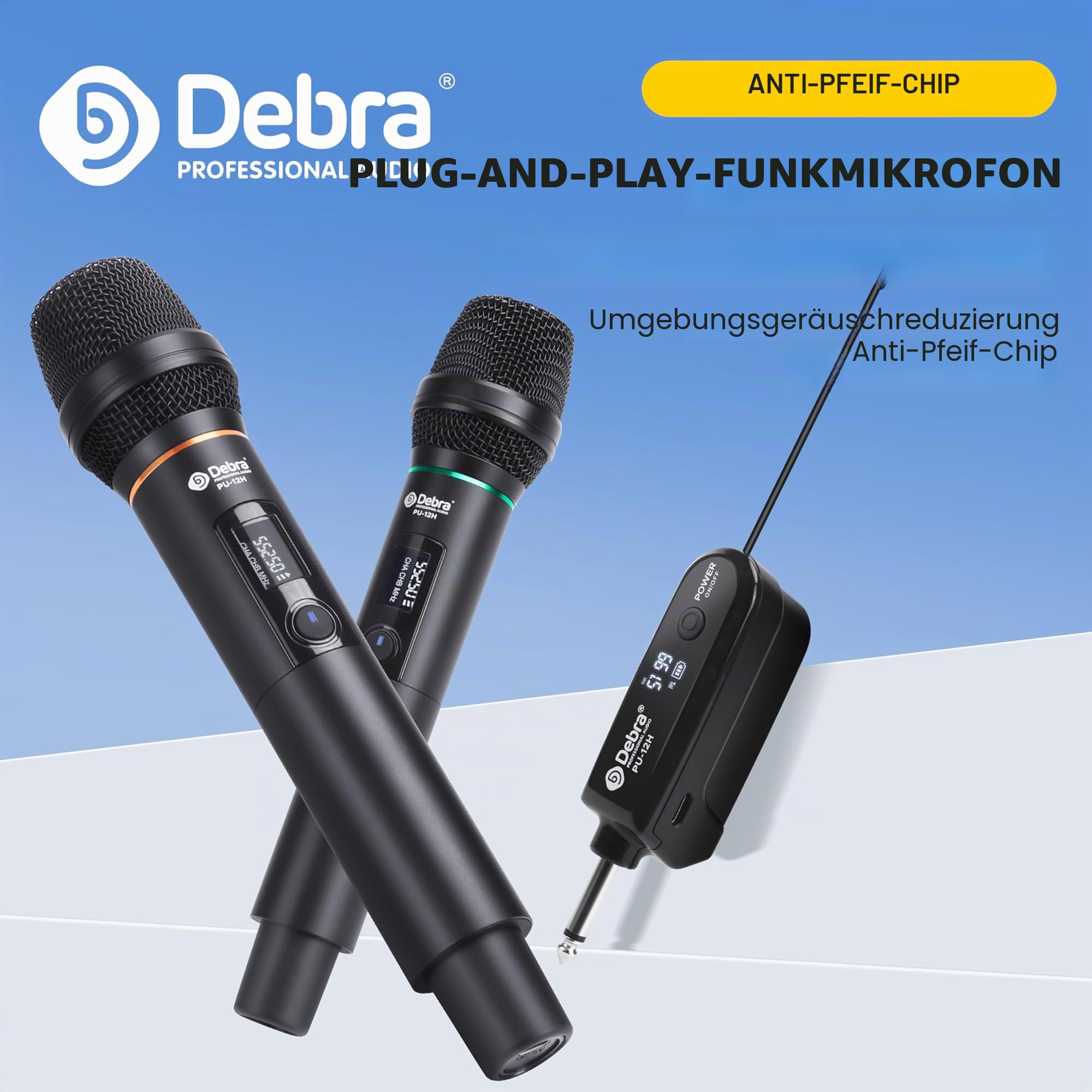 D Debra Professionelles Kabelloses UHF-Mikrofon-Set mit 30 Kanälen – 2 Dynamische Handmikrofone & USB-C-Ladeempfänger, Ideal für Karaoke, Bühne, Hochzeit, Kirche und Veranstaltungen