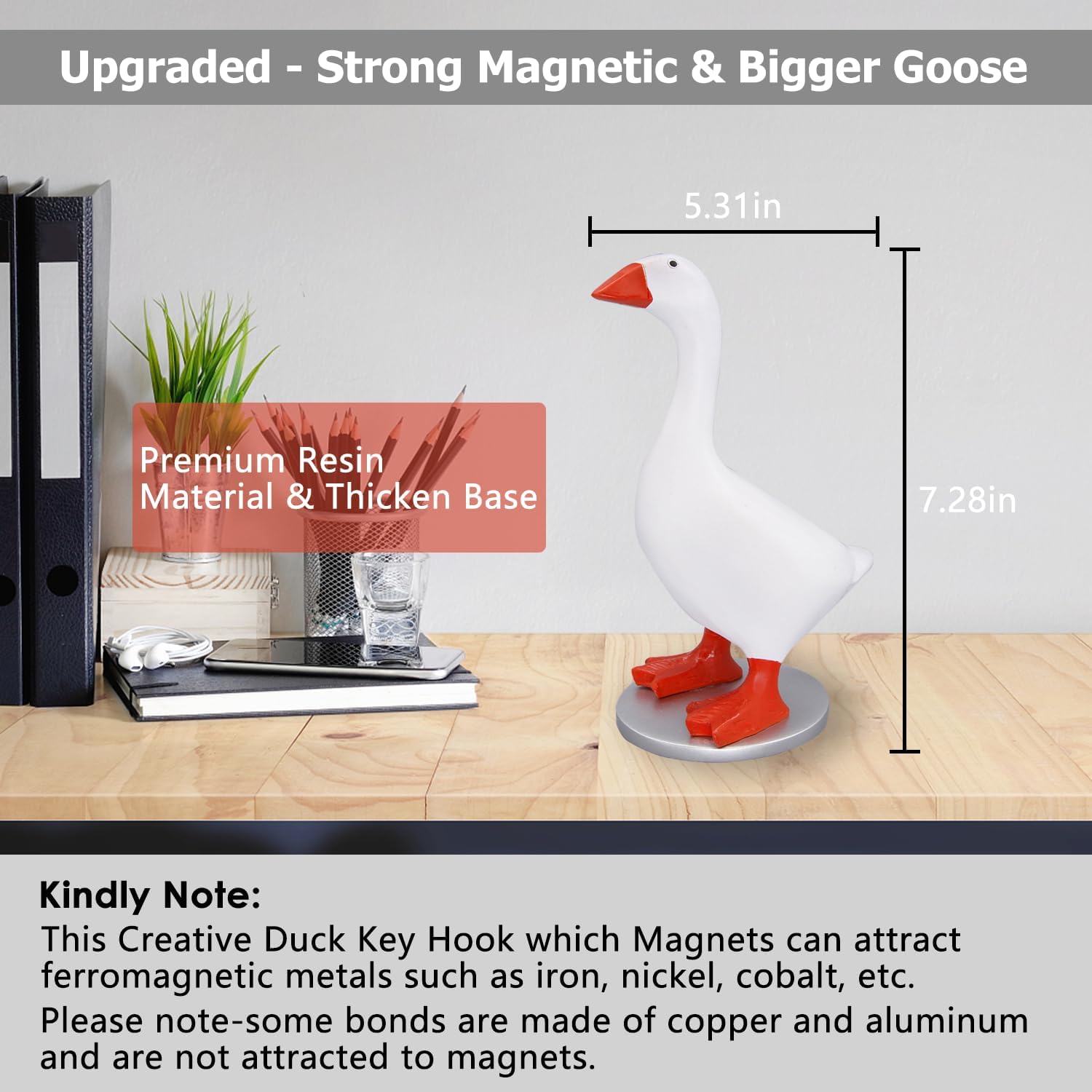 Magnetic Desk Goose Key Holder, 7.28 in Funny Home Desktop Decor Cute Goose Resin Statue Office Table Decor Housewarming Gifts for Mother Women and Men 1 Pack