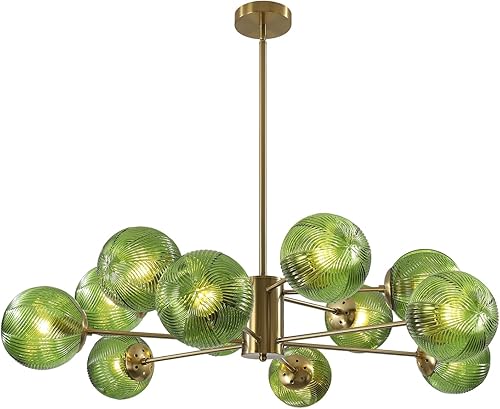 Miniatura 8 de KCO Lámpara colgante de techo de cristal verde de 6 luces con forma de globo moderno semiempotrado, lámpara de techo vintage de latón dorado Sputnik