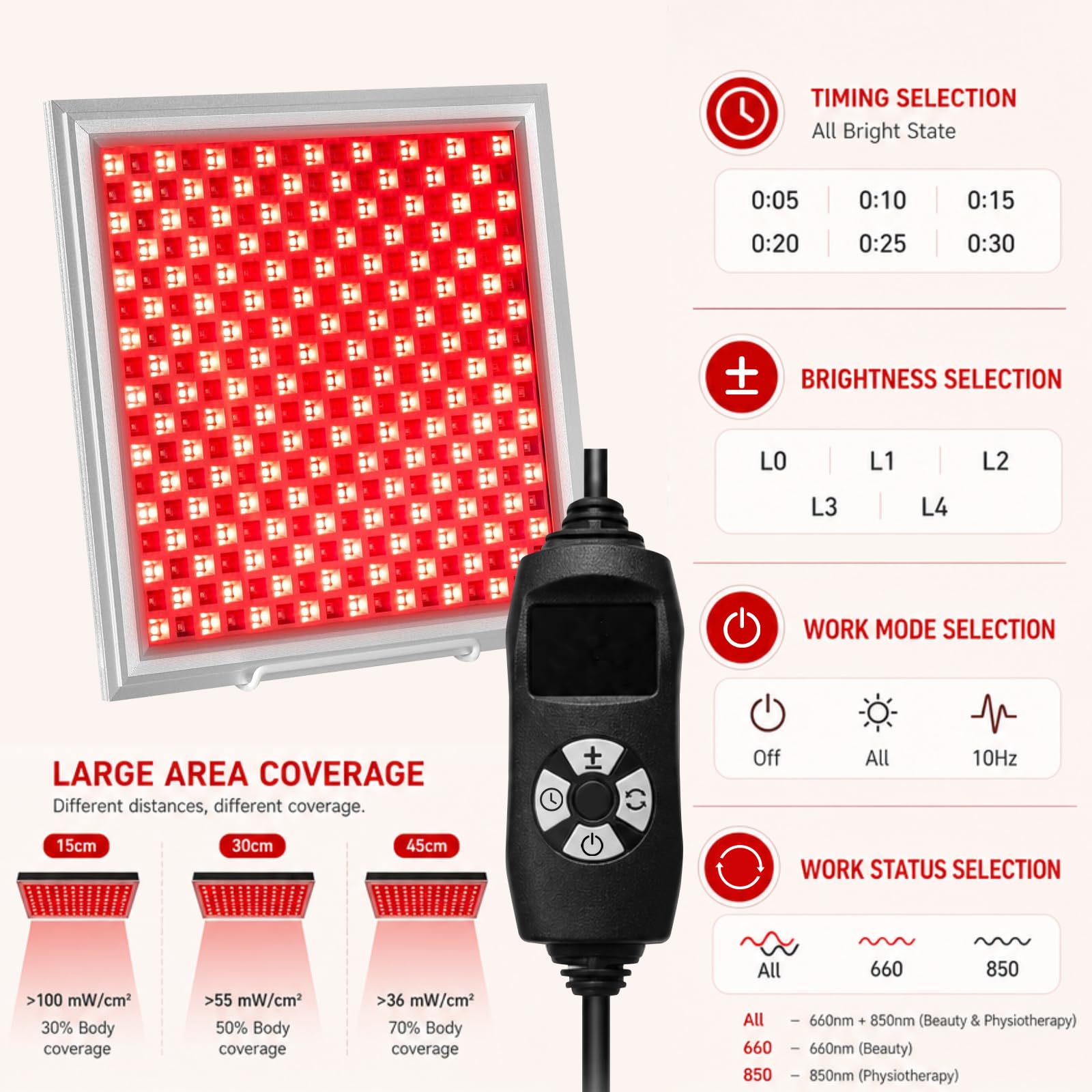 289 LED Rotlichtlampe 150W Infrarotlampe 660nm 850nm Red licht Panel con 5 niveles de brillo y Timer-Funktion Anti-Aging, Muskelschmerzen, Incluye soporte, control, gancho y gafas de protección