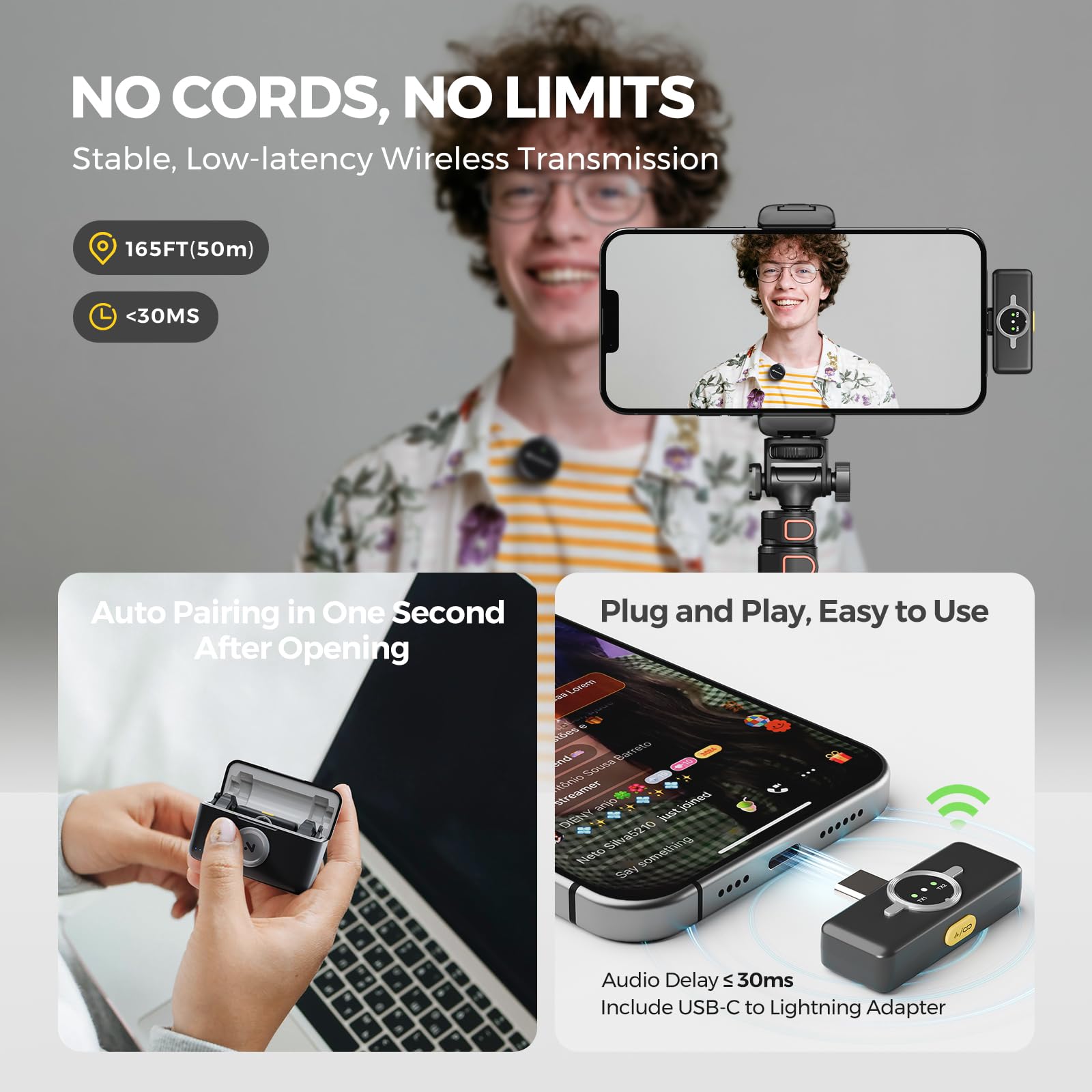 NearStream Wireless Lavalier Microphones for iphone/Android/PC,Lapel Portable Microphone with Intelligent Noise Cancellation,Clip on Microphone for Streaming/Video Recording/Vlog/Podcast(AWM25T) - Image 2