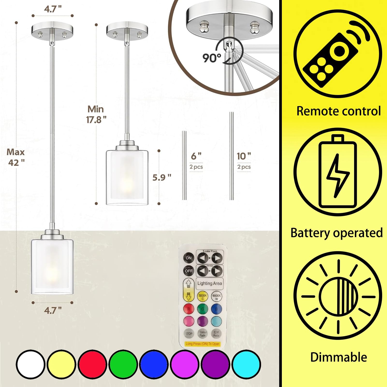 2× Modernen Hängelampe mit Batterie und Fernbedienung, Hängeleuchte ohne Stromanschluss Dimmbar in 9 Farben, Wiederaufladbare Lampe Batteriebetrieben für vielseitige Beleuchtung im Innenbereich.(Chrom