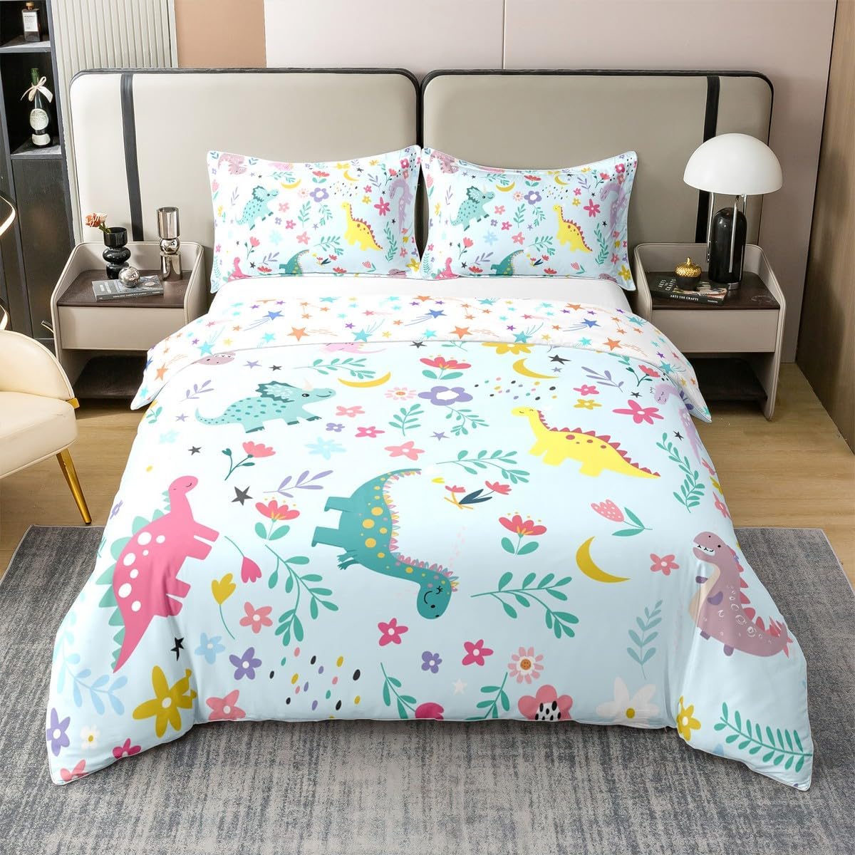 Full Size Comforter Cover Cartoon Mermaid 100% Cotton Bedding Set Kawaii Floral Leaves Duvet Cover for Bedroom Gifts Cute Sealife Animals Pink Bedding Set 3 PCS,Comforter Not Included