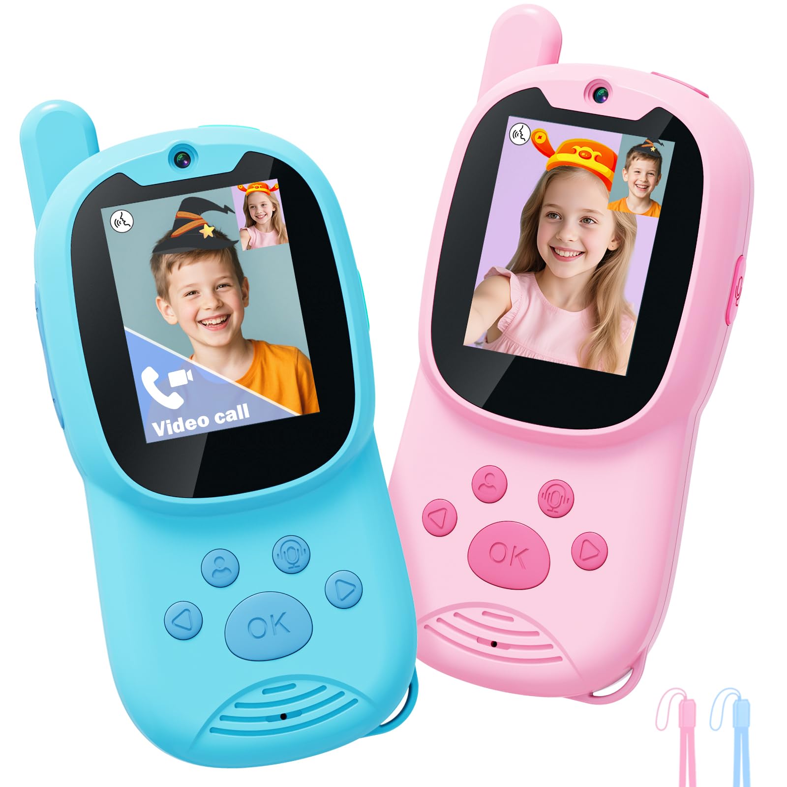 Clordeal Vidéo Talkie Walkie Enfant Longue Portée Rechargeable, Cadeau Fille 3-12 Ans, Écran LCD 2, Appel Vidéo, 6 Effets Vocaux, Appareil Photo, 23 Émoticônes, Rose, Pack de 2