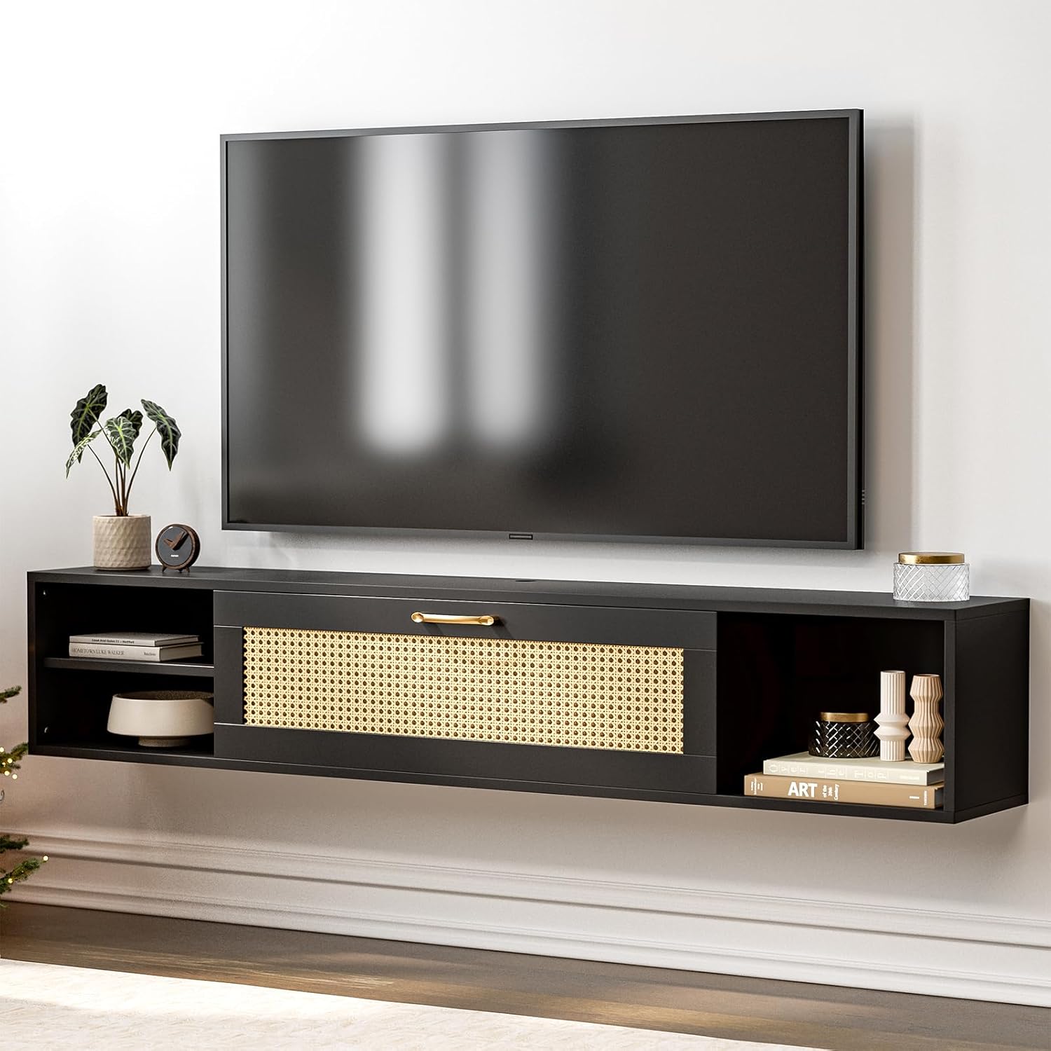 IKIFLY Floating TV Stand for 75 Inch TV, Mid Century Modern Center TV Stand w/Rattan Cabinet Door, Wall Mounted TV Cabinet, Entertainment Media Console Large Storage TV Shelfs for Living Room Black