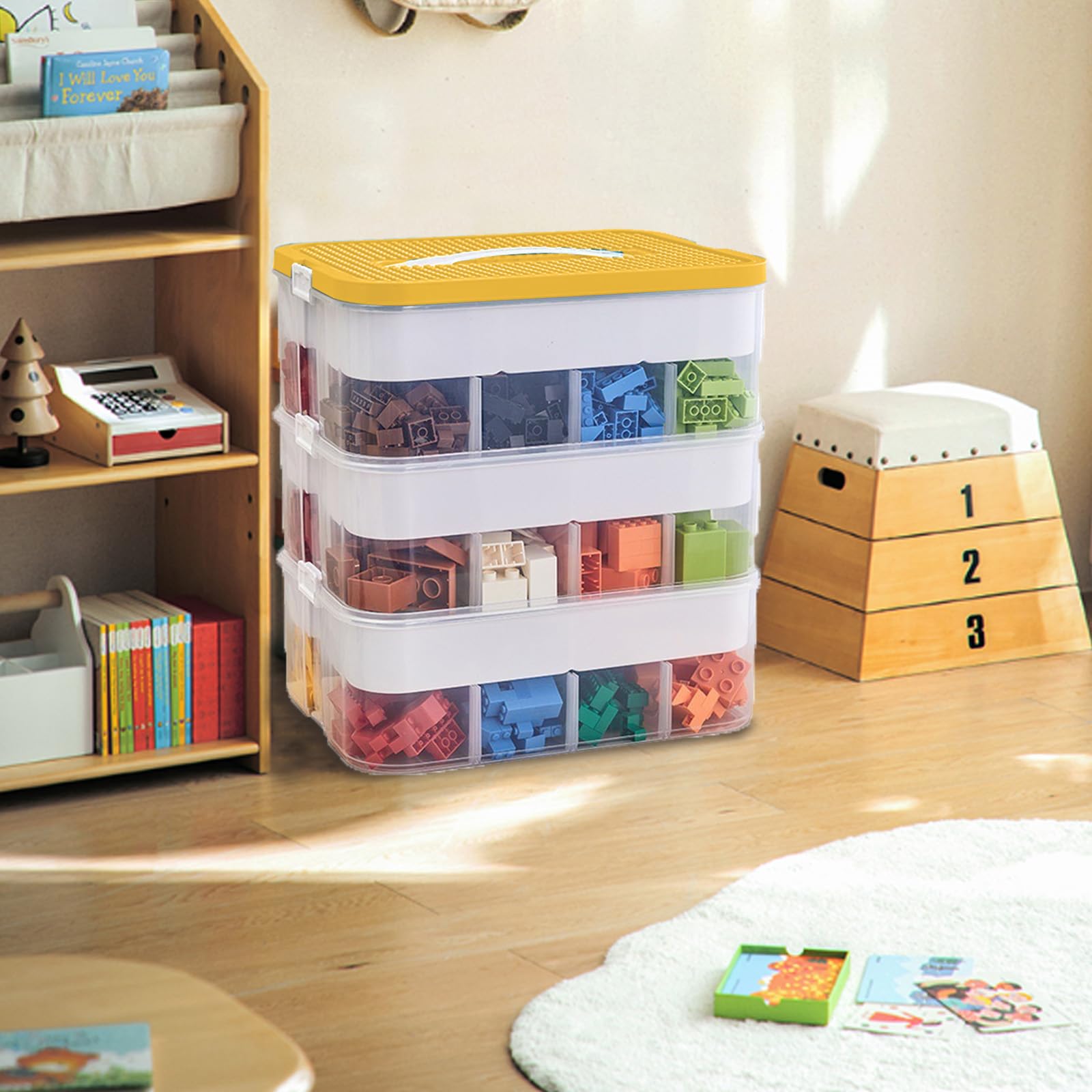 Contenitore per Giocattoli, Scatola di Immagazzinamento di Blocchi da Costruzione per Bambini con Coperchio, 3 Strati Scatole Plastica Impilabili Trasparenti con Scomparti per Riporre (Giallo)