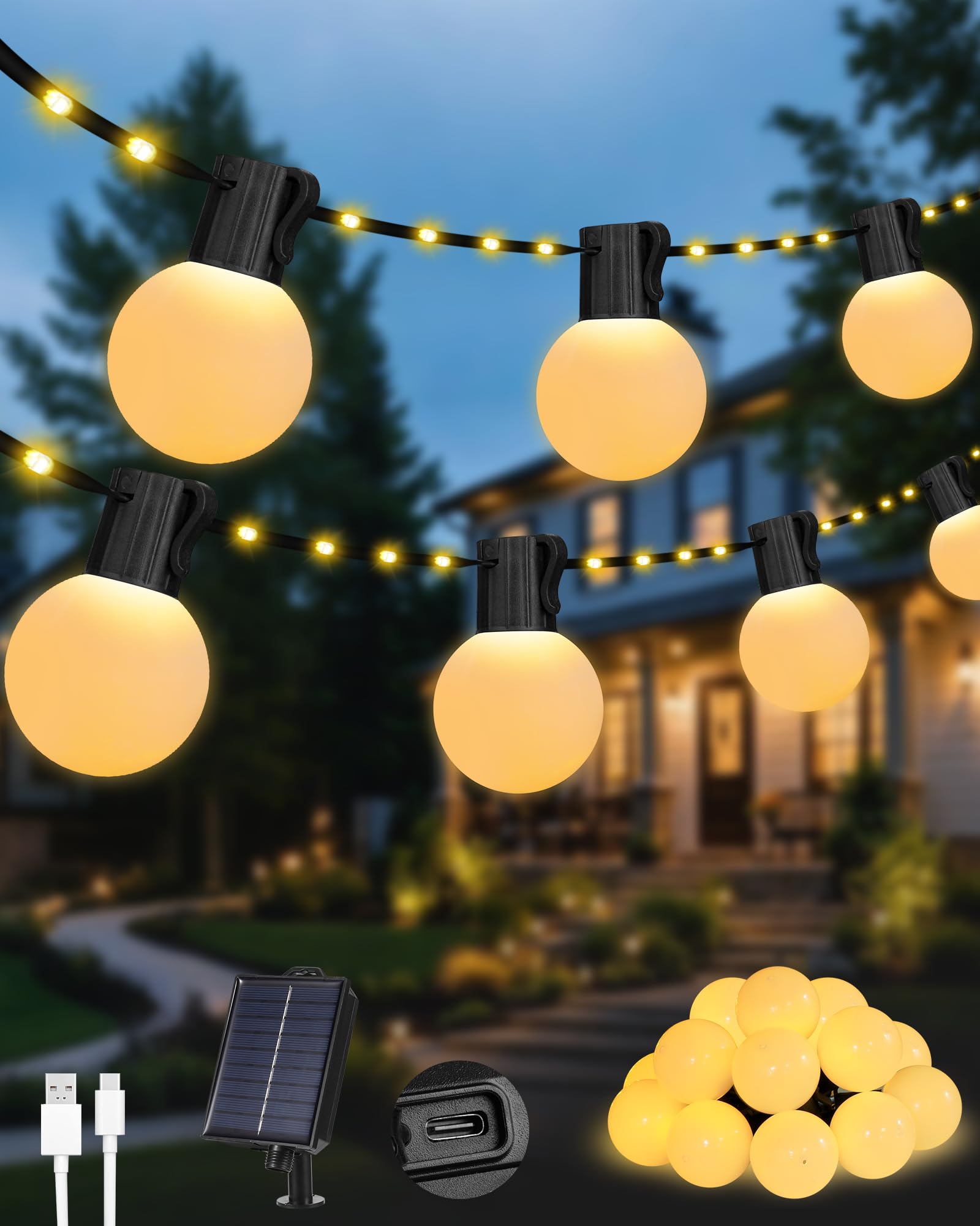NWPUSZ Solar Lichterkette Auseen,10M 100 LEDs Solarbetriebene Lichterkette Außen mit 20 G40-Glühbirnen, 8 Leuchtmodi Wasserdicht USB/Solar-Lichterkette Outdoor für Zaun- und Camping Dekoration