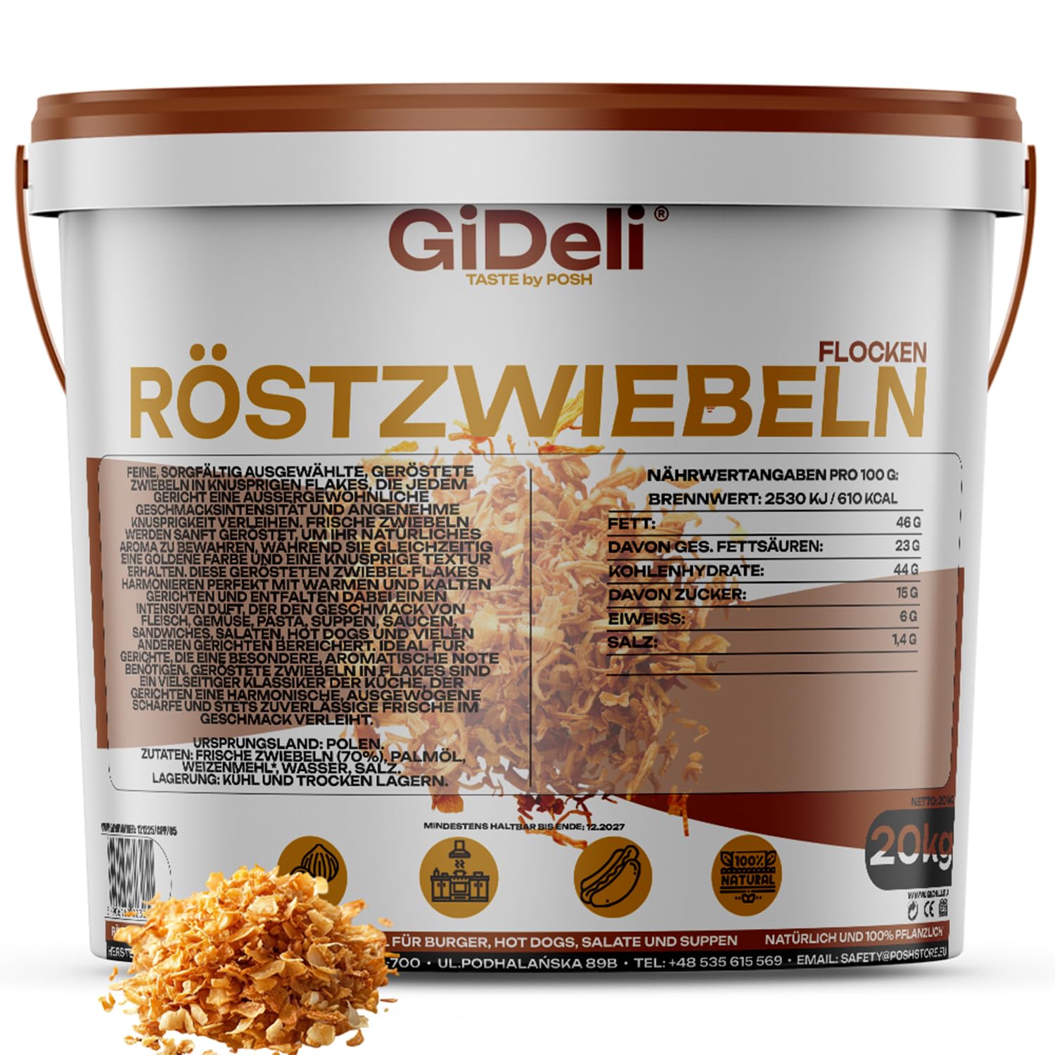 GiDeli Röstzwiebeln 20 kg im Eimer - Knusprig Geröstete Zwiebeln - Pommesgewürz, Burger Gewürz, Hot Dog - Zaubergewürz