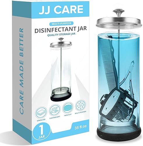 JJ CARE Tarro desinfectante (35 onzas) – Tarro desinfectante de peluquero, recipiente desinfectante con colador extraíble de acero inoxidable y tapa
