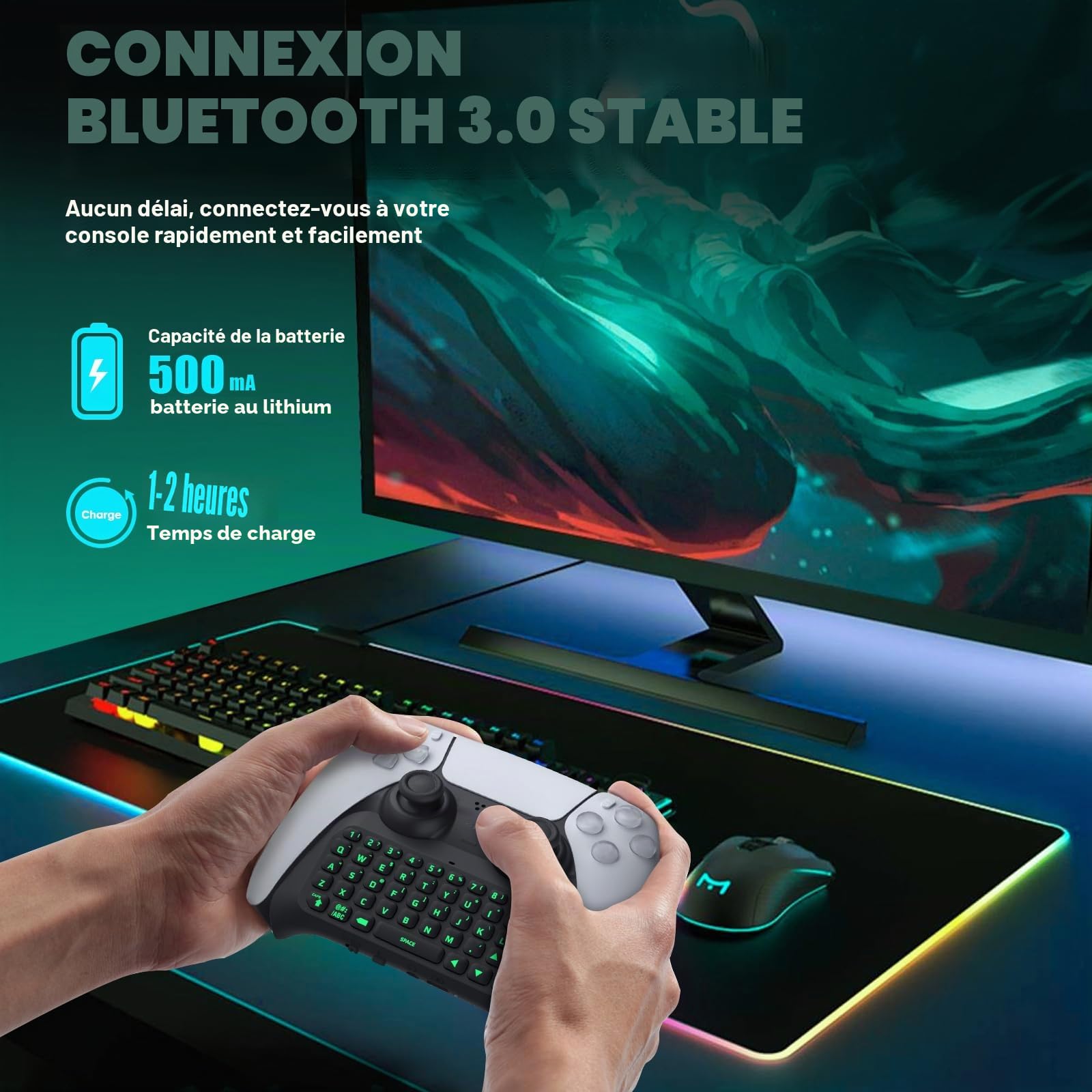 TiMOVO Clavier Rétroéclairé Vert pour Manette PS5, Noir | Clavier Mini Bluetooth sans Fil pour PS5, Haut-parleur Intégré et Prise Audio 3,5 mm