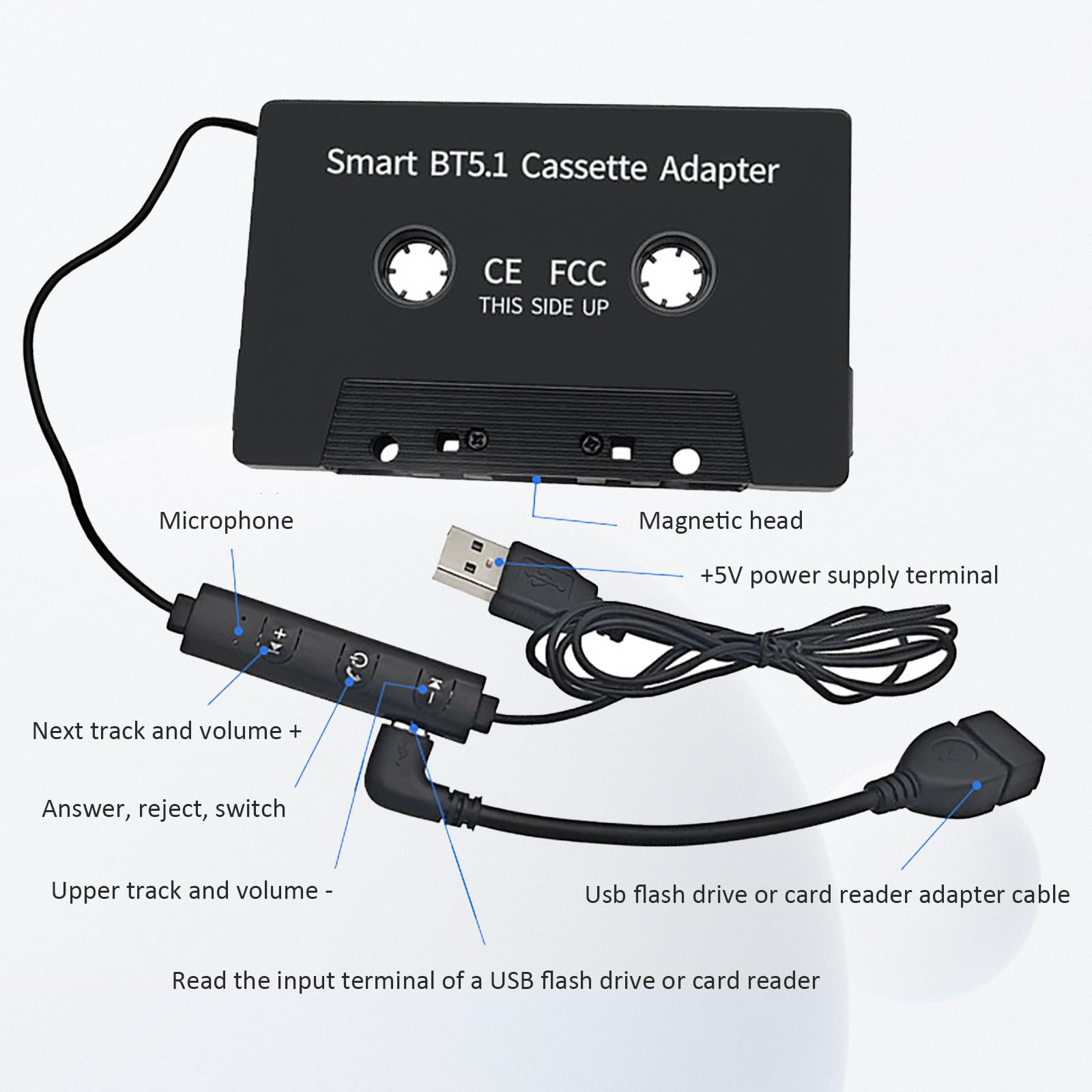 Adapter kasetowy Bluetooth do kasety samochodowej 5.1, adapter kasetowy do radia samochodowego, adapter kasetowy z mikrofonem Hi-Fi Stereo, rozmowy głośnomówiące do smartfonów/odtwarzaczy MP3/CD