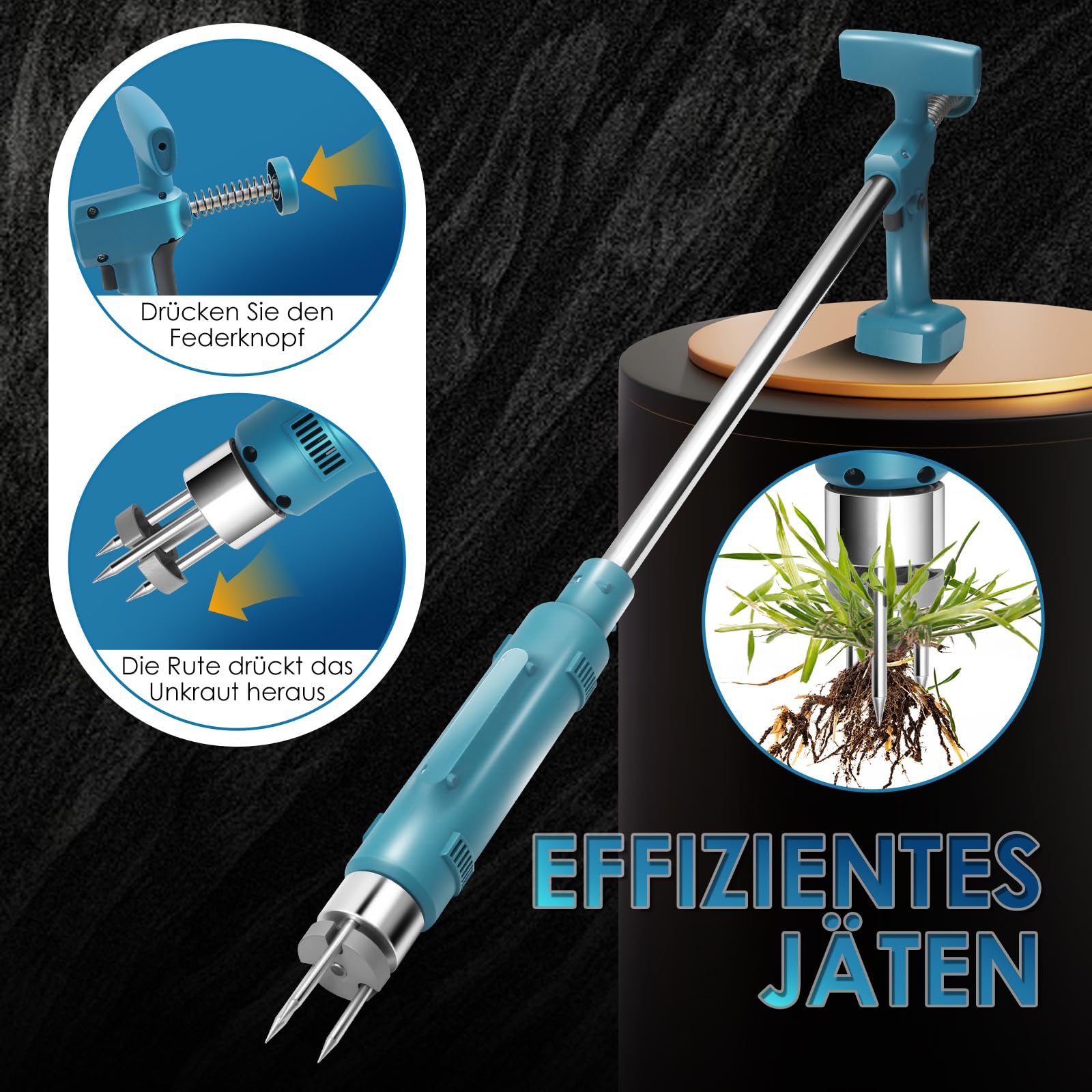 Elektrischer Unkrautstecher für Makita 18V, 100cm Unkrautstecher Löwenzahn mit 3 Stahlkrallen Auswurf-Mechanismus, Unkraut entferner Gerät mit langem Stiel für Garten und Rasen(ohne Akku)