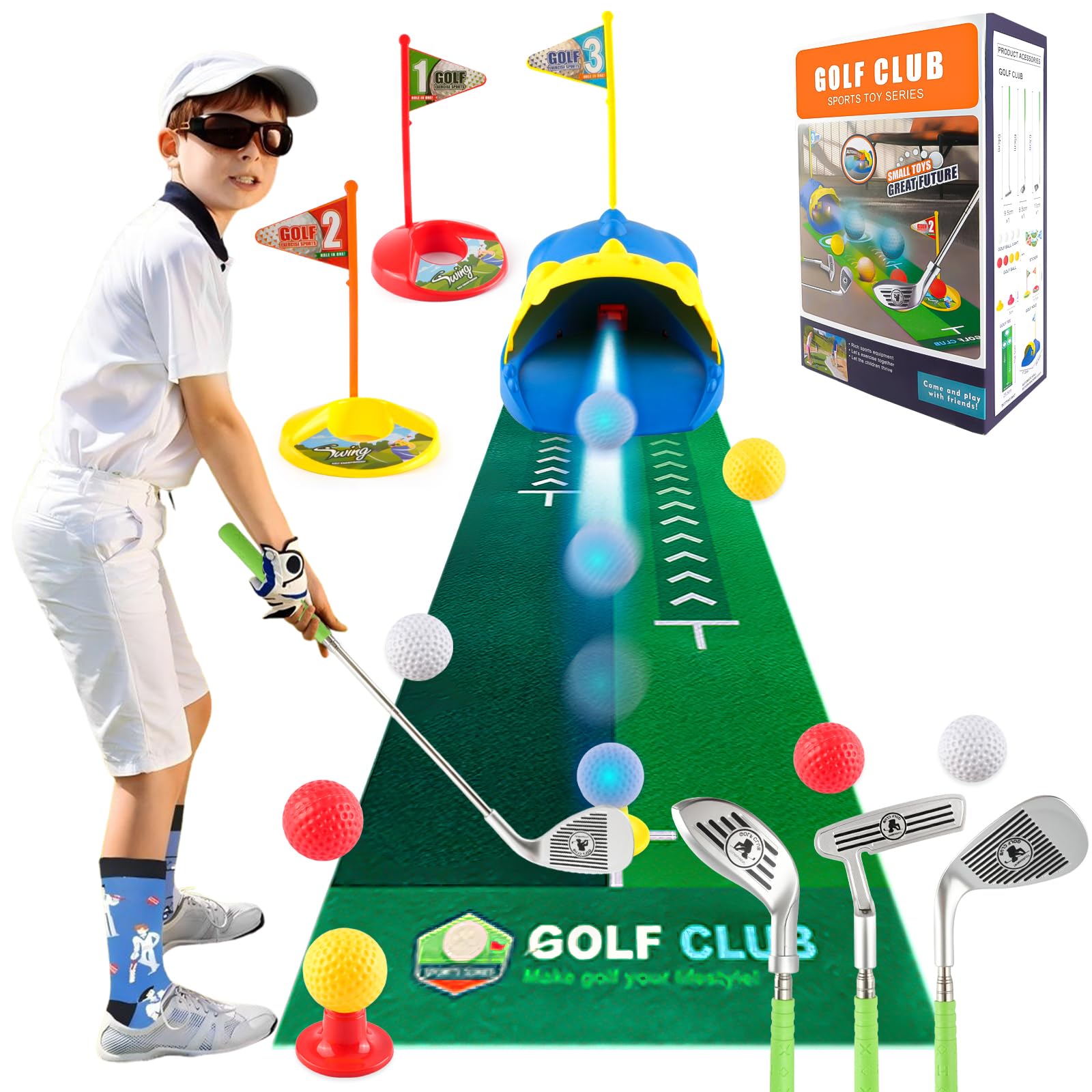 Kids Golf Set with Dinosaur Automatic Golf Returner, Toddler Golf Set with 4 Colored Balls&4 Led Light Up Night Golf Balls, Putting Mat, 3 Clubs, 3 Flag, Mini Golf Games, Indoor Outdoor Activity Toy