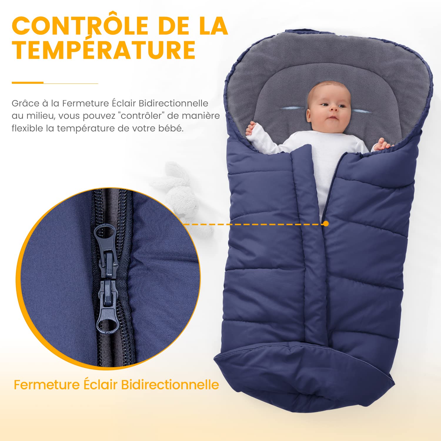 Orzbow Chanceliere Bebe Poussette, Imperméable Chanceliere Universelle Pour Poussette, Polaire Coral, Bandes Réfléchissantes, Fermeture Éclair (Bleu)