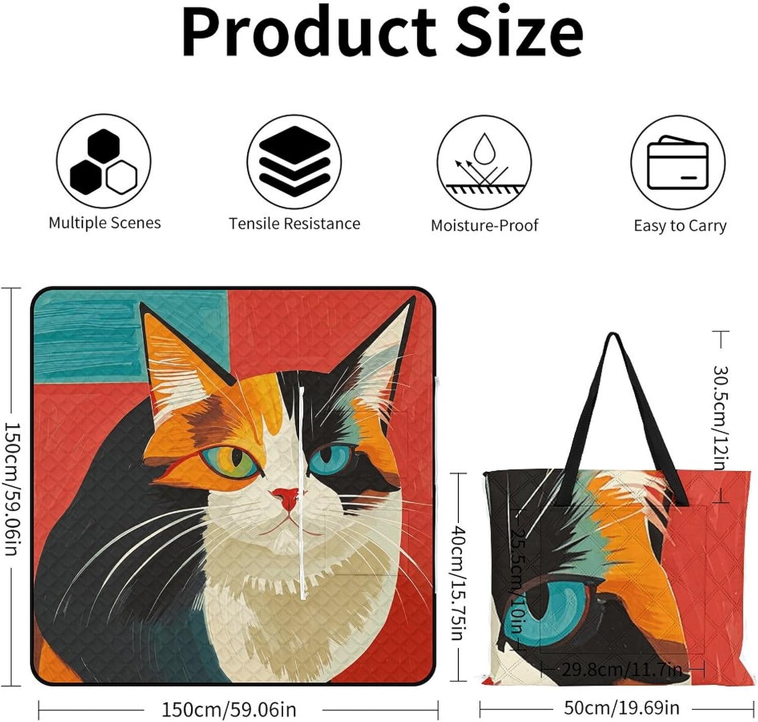 Modern Art Cat Picnic Blanket Zipper Style Waterproof Foldable Outdoor,Picnic Mat Foldable As A Shopping Bag for Ladies, Portable Outdoor Blanket for Camping