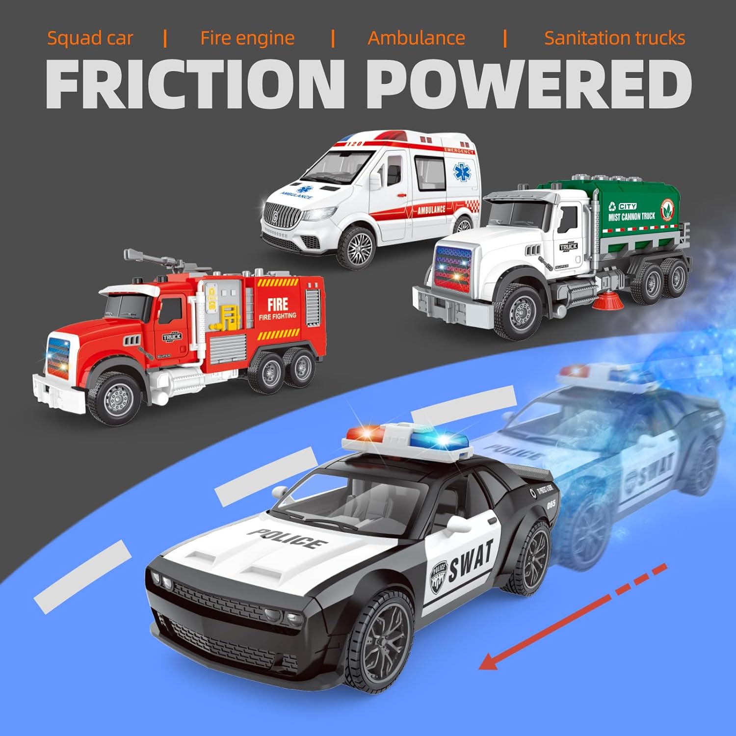 4 Packs Emergency Vehicle Toy Playsets, Including Garbage Truck Play Police Car,Ambulance and Fire Truck with Spray,Lights & Sounds,Birthday Christmas Party Gifts Toys for Boys 3-5