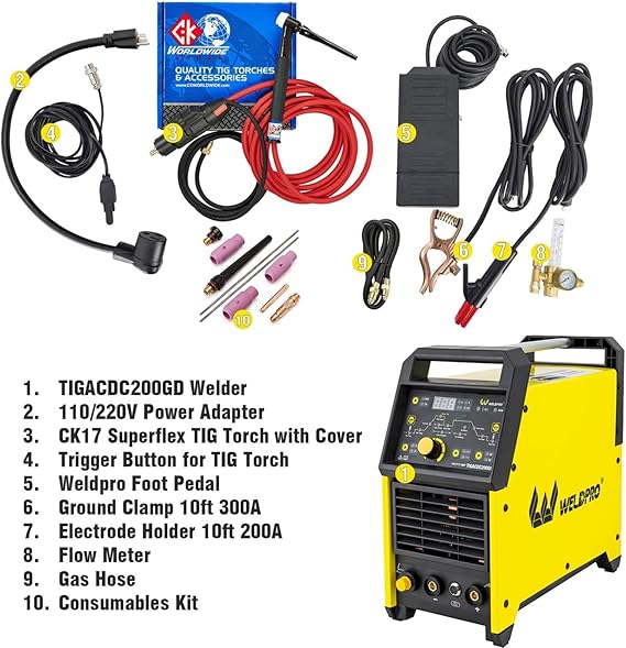ماكينة لحام Weldpro 200A AC/DC TIG مع شعلة Pulse & CK17، ماكينة لحام TIG من الألومنيوم 110 فولت/220 فولت، ماكينة لحام متعددة العمليات AC TIG/DC TIG/AC PULSE TIG/DC PULSE TIG/Stick 5 في 1 مع دواسة قدم