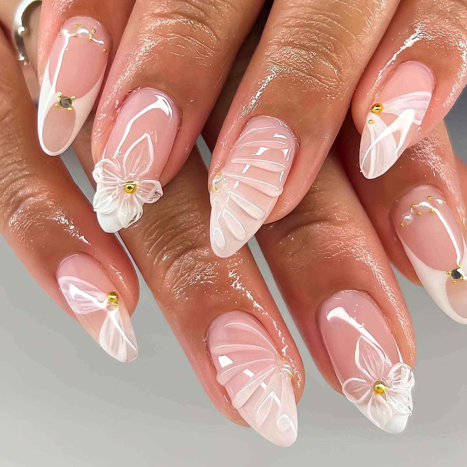 RUOKEXIN Almond Press on Nails Medium Fake Nails White Ombre False Nails with 3D Flower Designs Sparkly Artificial Nails Acrylic Glue on Nails Press