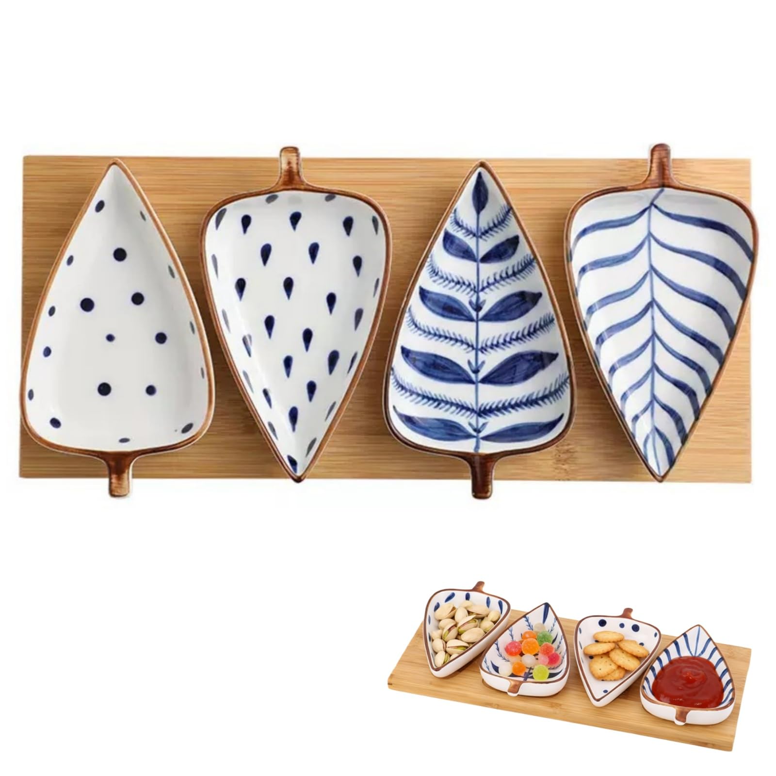 Siocok Ceramic Condiment Appetizer Set, Dip Set Snack Bowl, Ceramic Leaf Shape Pinch Bowl, Serving Platters, with Wooden Tray, for Dessert, Snack, Chips and Dip, Fruits, appetizers, Candy and Snacks