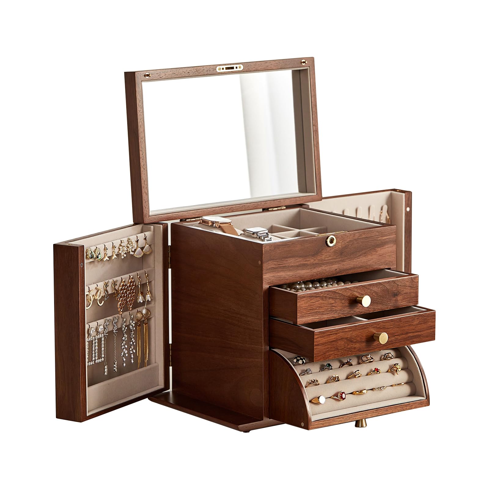 CHOSIN Black Walnut Wooden Jewelry Box, 4-Layer Lockable Organizer with Mirror, Rotatable Ring Holder,Side Doors & Brass Handle, Classical Design for Rings, Necklaces, Earrings, Valentine's Day Gifts