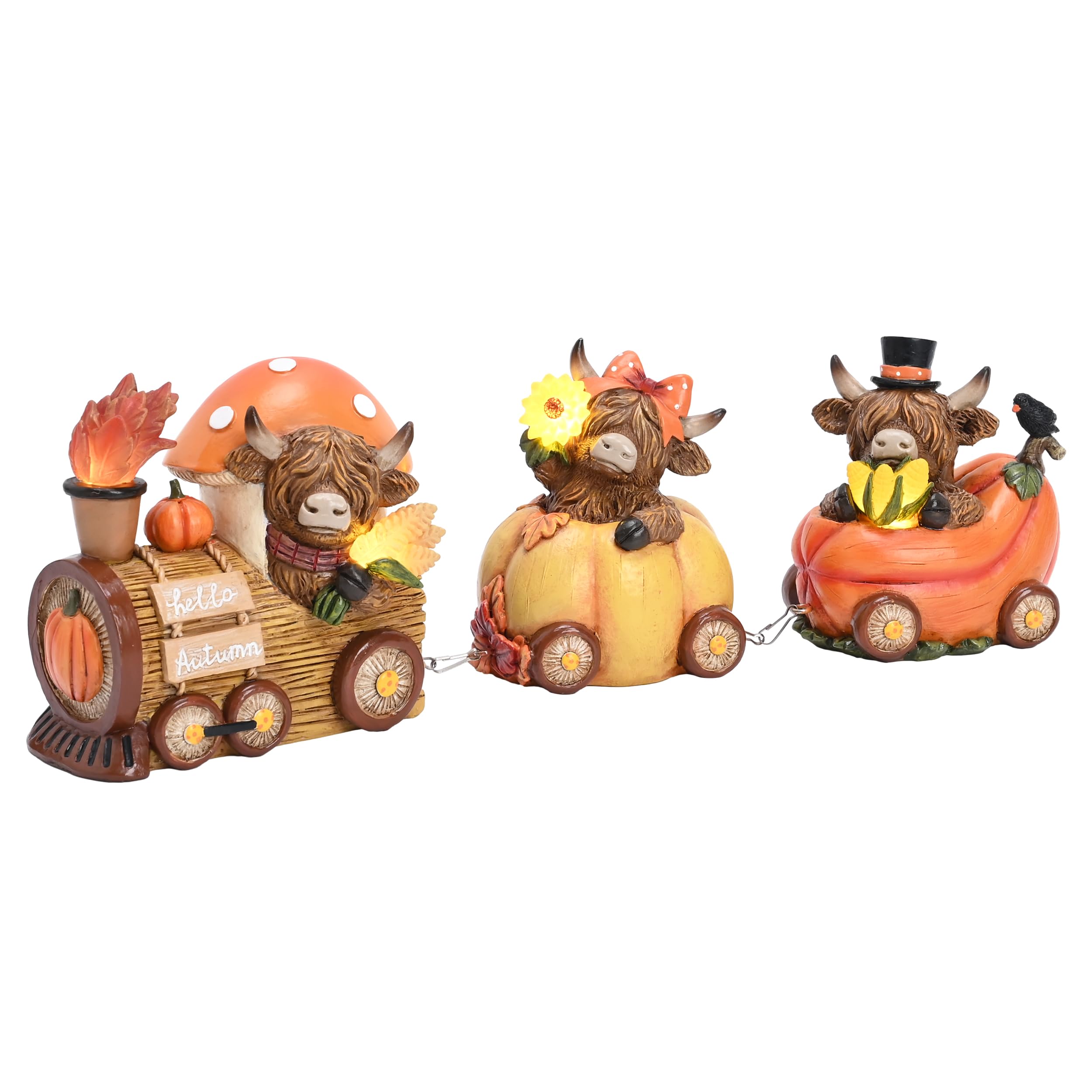 Valery Madelyn Fall Decorations for Home, Lighted Highland Cow Train Decor for Table Indoor, Resin Fall Decor Sunflower Mushroom Corn Thanksgiving Figurines for Autumn Harvest Porch Tiered Tray, 4.3"