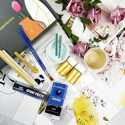 Miniatura 5 de Kintsugi Kit de reparación dorado, kit de reparación de oro japonés con taza de práctica, pegamento dorado para reparación de cerámica y porcelana,