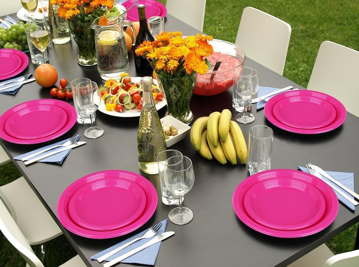 TWOWYHI 200 Pieces Hot Pink Disposable Plastic Plates with Rim 100 Pieces 9 Inch 7 Inch Dessert Plates Heavy Duty Plastic Tableware for Weddings Party