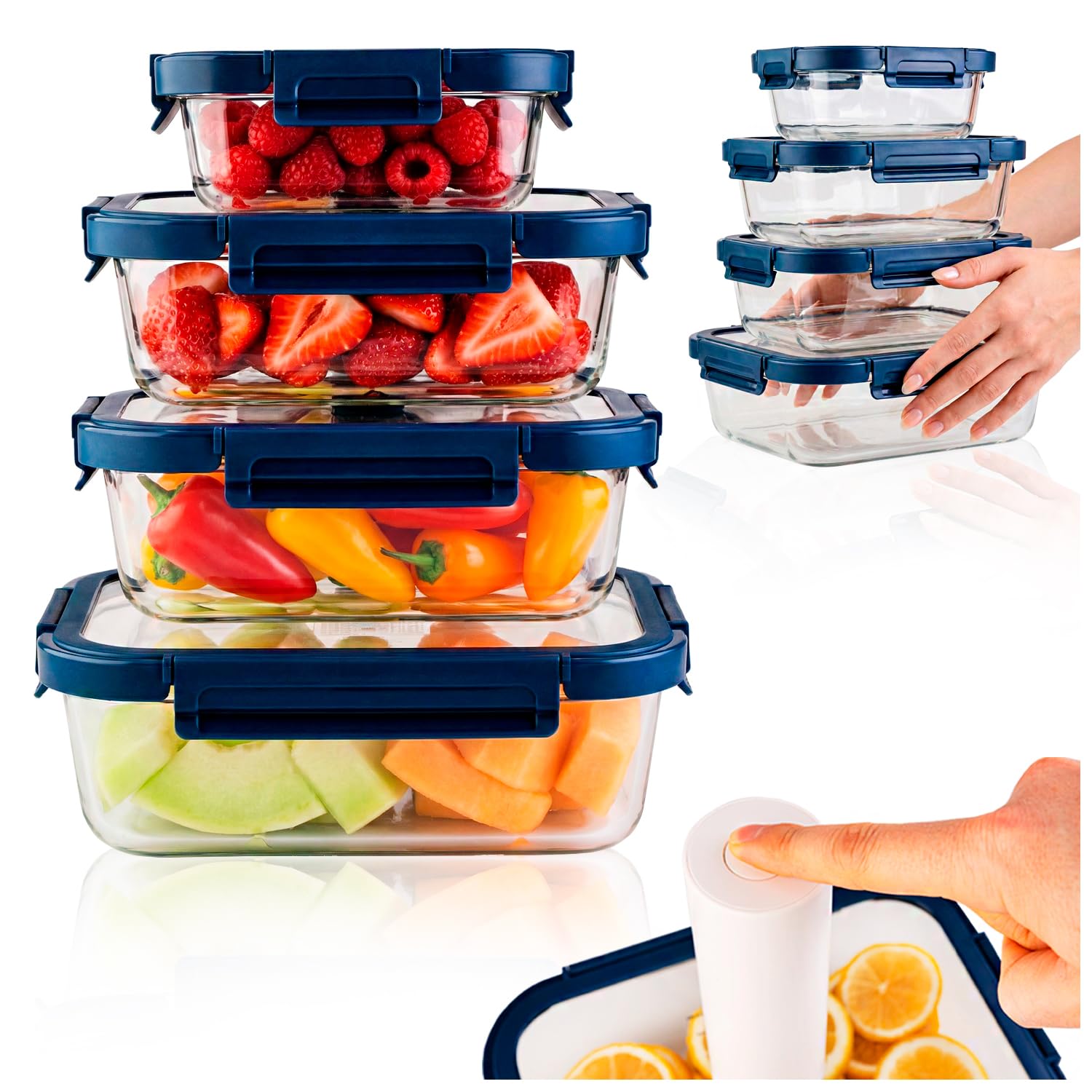 Set di contenitori per sottovuoto (370, 640, 1000, 1500 ml) – contenitori rettangolari in vetro per alimenti – Adatto per congelamento, forno, microonde, lavastoviglie