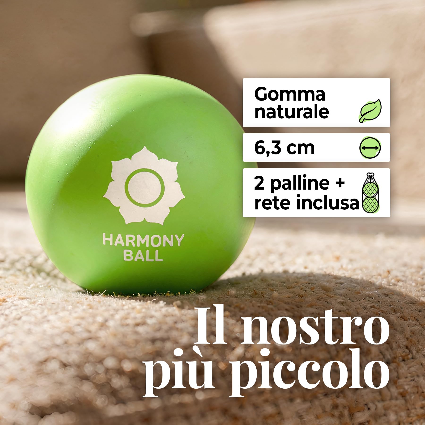 Pallina da massaggio in caucciù naturale, set da 2 pezzi, conrete inclusa, dimensioni delle palline 6,3 cm/7,2 cm, piacevolmente flessibile, ideale per automassaggi e massaggi delle fasce muscolari