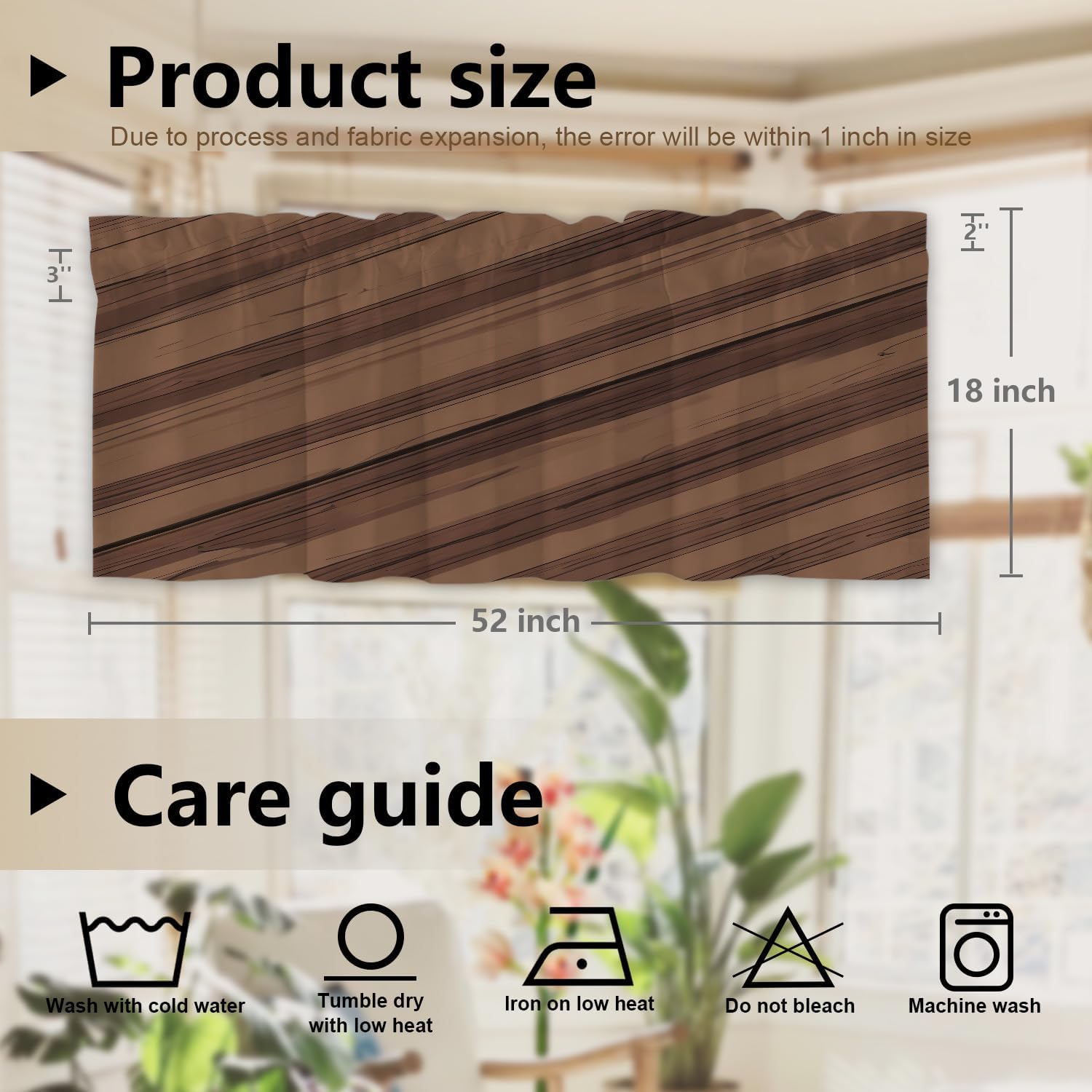 Brown Wood Grain Plane Kitchen Valances for Windows, Clean Sharp Brown Texture Focus Blackout Valances Curtains Multilayer Polyester Drapes for Kitchen Bedroom 2 Pack 52X18 Inches