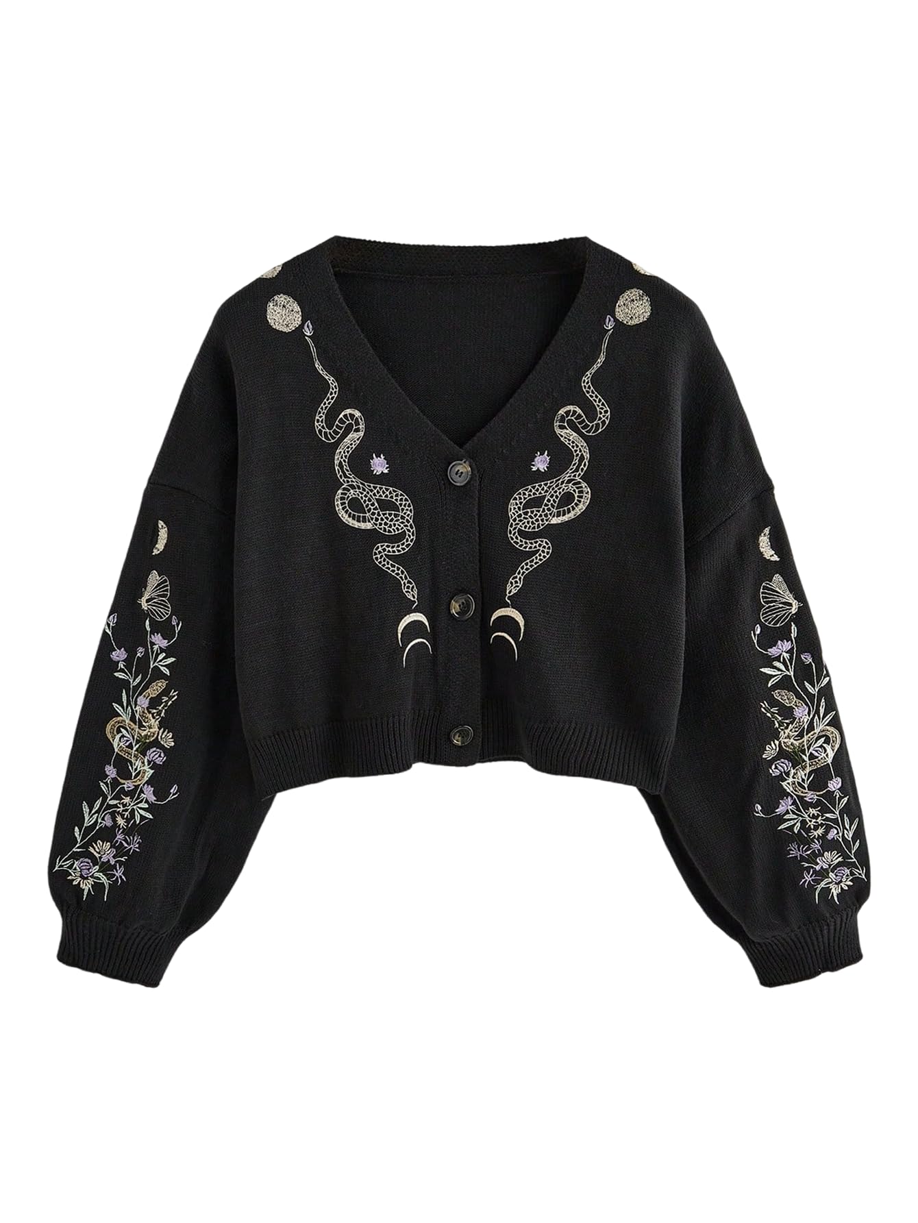 Womens Embroidery Sweater Gothic Boho Floral Long Sleeve V Neck Button Down Knitwear Spring Cardigan