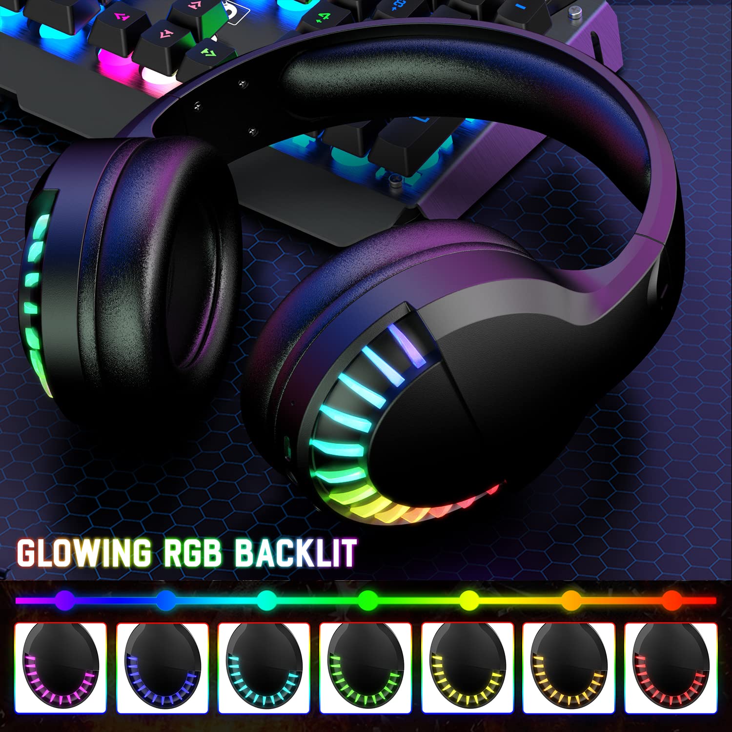 Drahtloses Bluetooth-Headset über dem Ohr, HiFi-Stereo-5.1-Kanal, RGB-LED-Pferderennen mit Hintergrundbeleuchtung, wiederaufladbares leichtes Gaming-Headset mit 1000 mAh und Mikrofon für PC / iPad