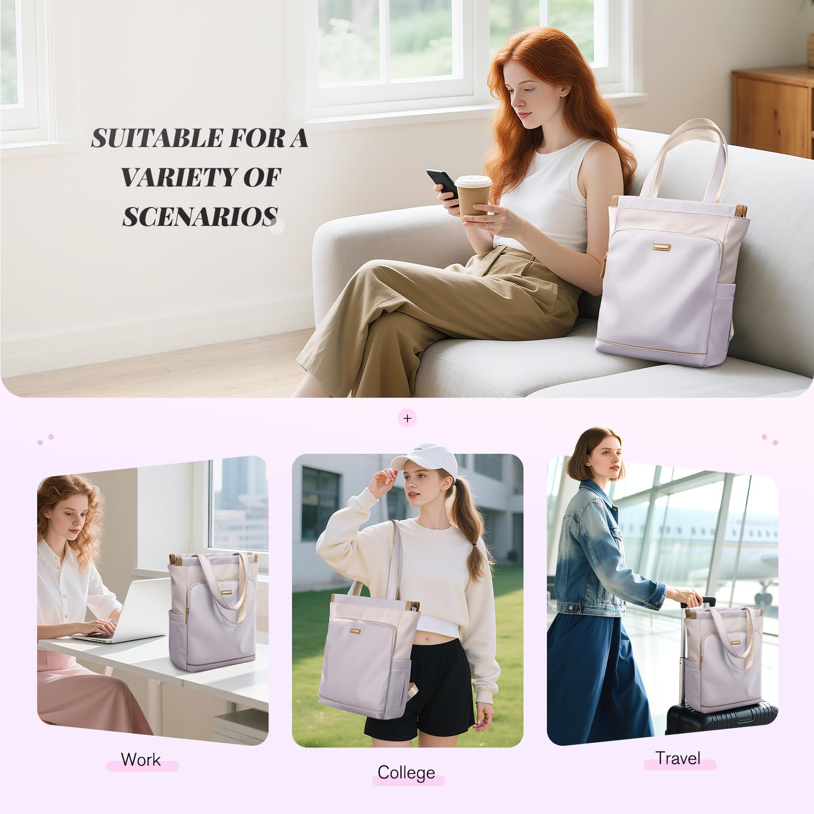 GOLF SUPAGS Mochila Convertible para Portátil de Mujer Bolsa de Viaje Informal para Portátil de Trabajo Universidad Ocio Viaje(Taro Morado & Blanco)
