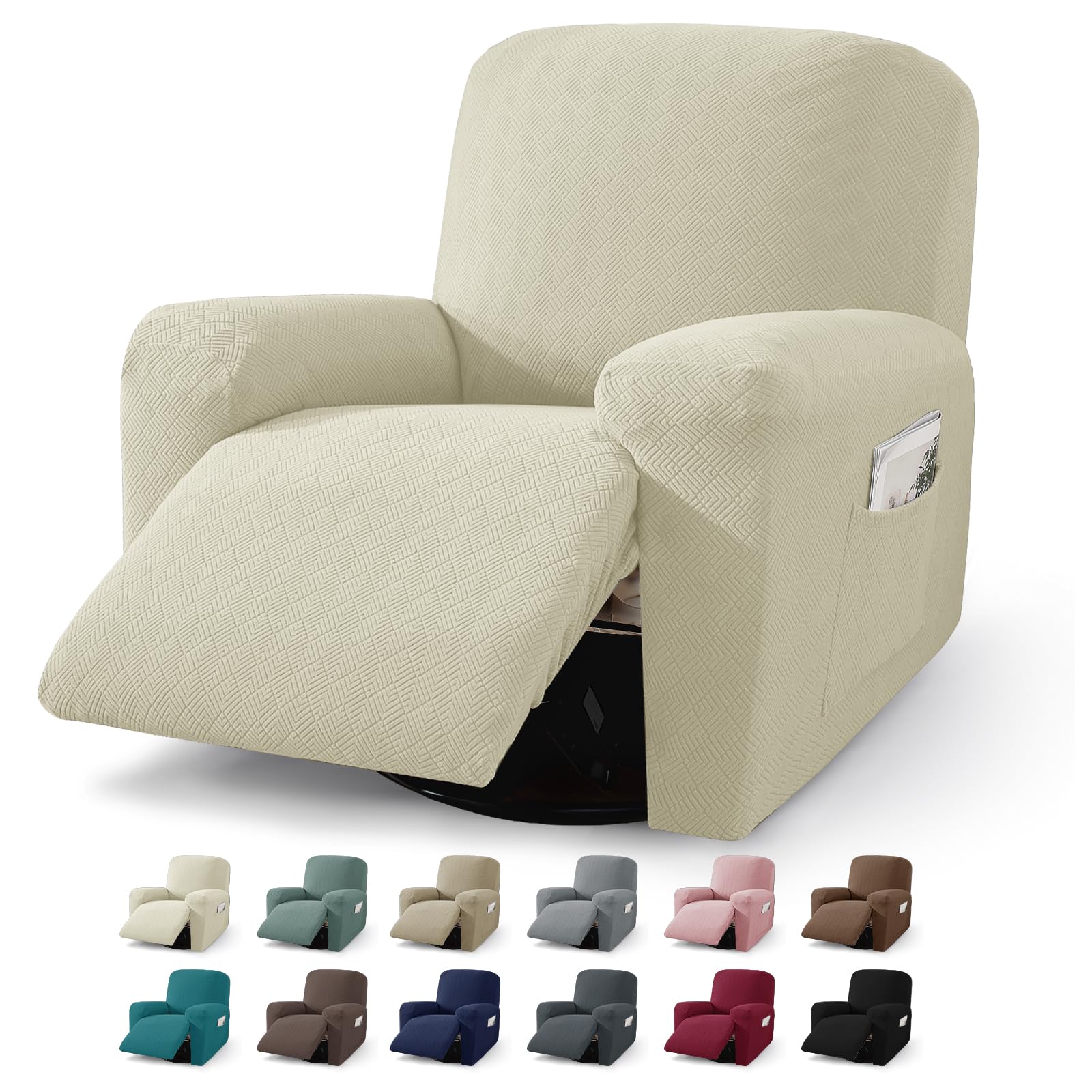 JIVINER 3 Piece Recliner Chair Cover Stretch Lazy Boy Non Slip Covers for Recliner with Pockets Soft Jacquard Reclining Sofa Slipcovers Furniture