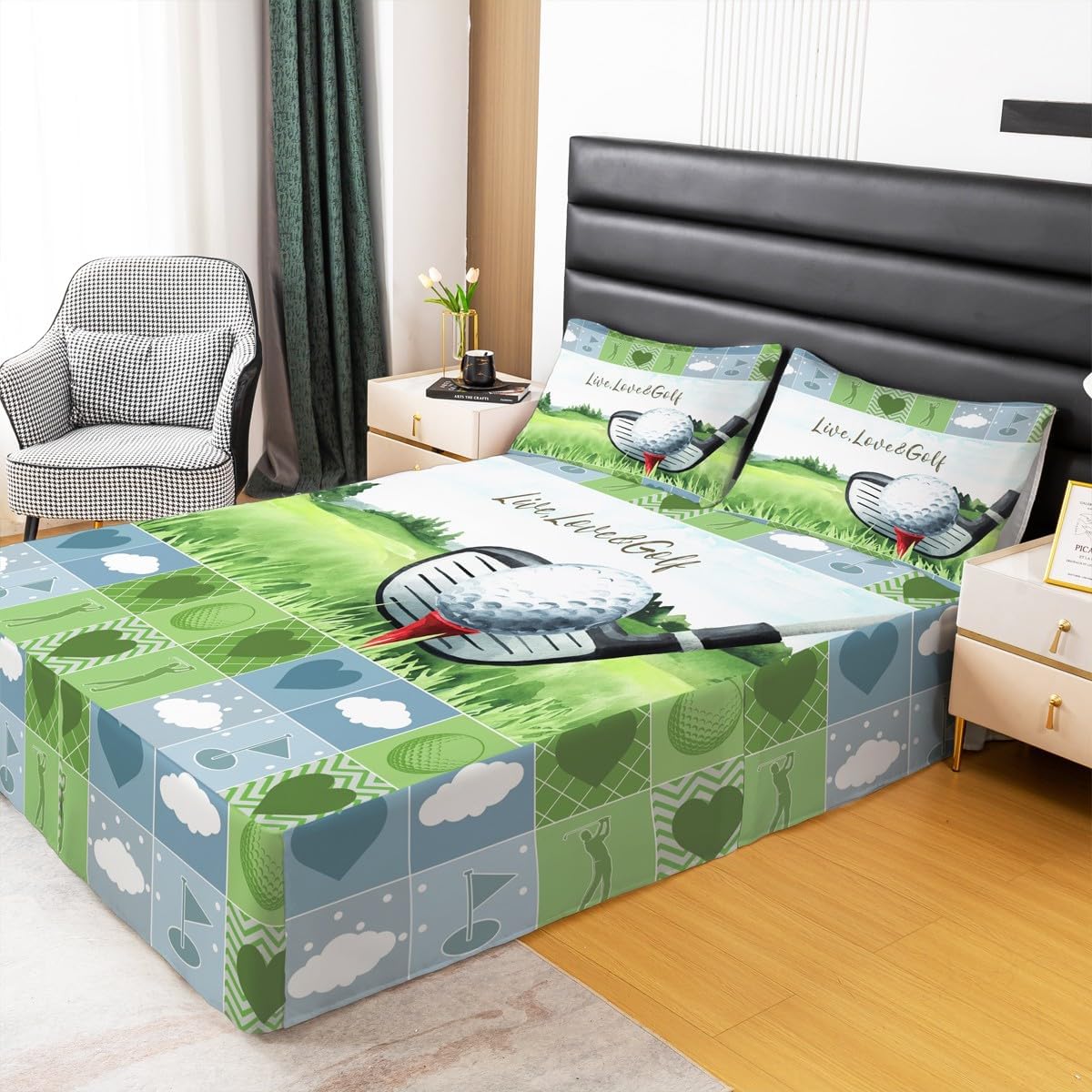 Homewish Golf Bed Skirt King Size,Ball Sports Games Modern Fitted Sheet for Kids Girls Boys Adults Bedroom Decor,Geometric Plaids Patchwork Bedskirt,Colorful Fashion Bed Wrap Bedding,2 Pillowcases