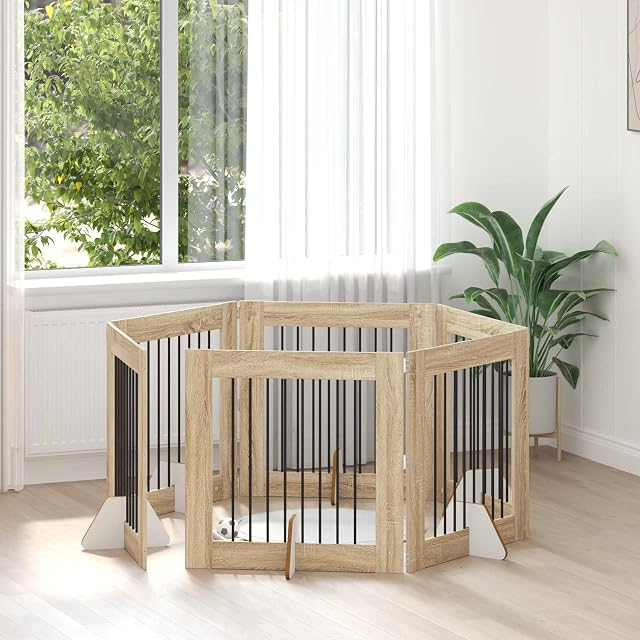 Foto 2 de 8 de vidaXL Puerta para Perros Plegable con Soportes 6 uds. Roble Sonoma