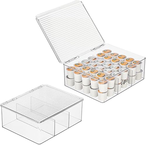 mDesign Caja de almacenamiento dividida apilable de plástico con tapa y etiquetas, organizador de cápsulas de café y suministros de cocina para