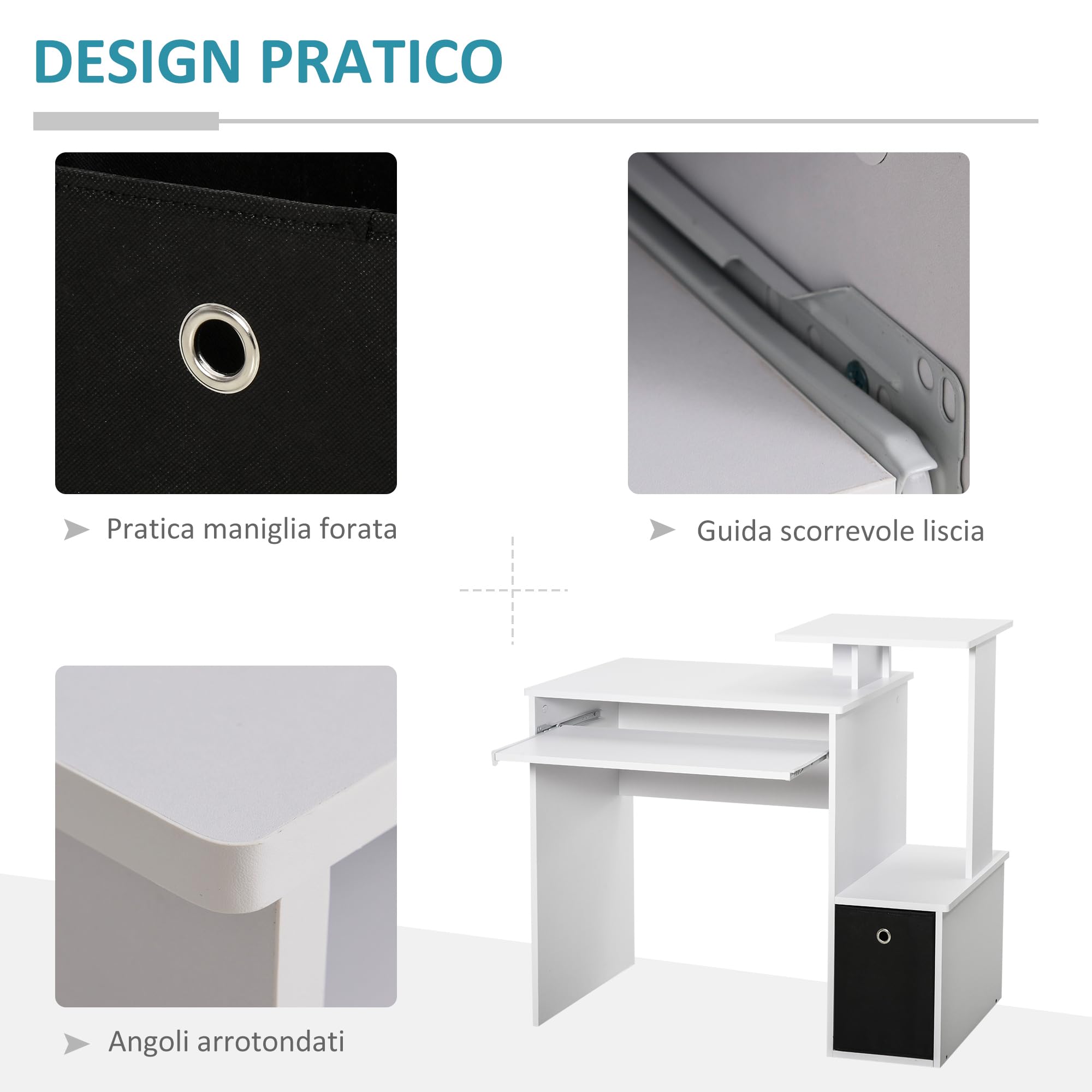 HOMCOM Scrivania Moderna Porta PC con Ripiano 100x40x86.6cm Bianco e Nero | Scrivania per Computer, Mensola Porta Tastiera, Cassetto in Tessuto