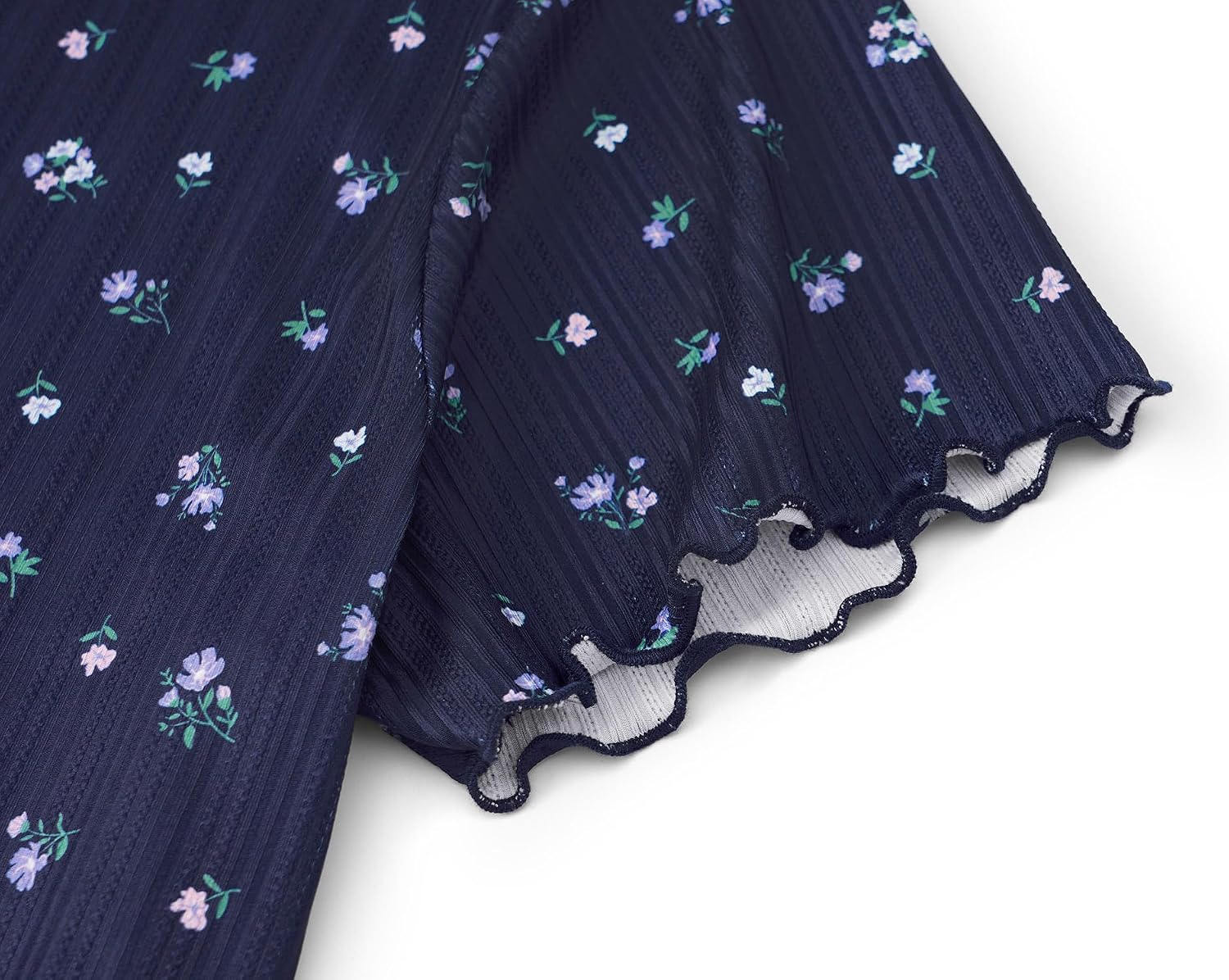 EUZ Women Pointelle Ditsy Floral 2pc Short Sleeve Pajama Set Sizes XS-XXL | lightweight pointelle knit loungewear set, scalloped ruffle trim top, wide leg long pants, ideal for cozy nights, daily