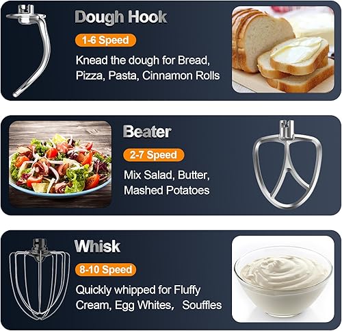 Miniatura 5 de Batidora de pie, 6.5 cuartos de galón de 10 velocidades con cabezal inclinable, batidora de cocina 3 en 1 con tazón, gancho para masa, batidor y