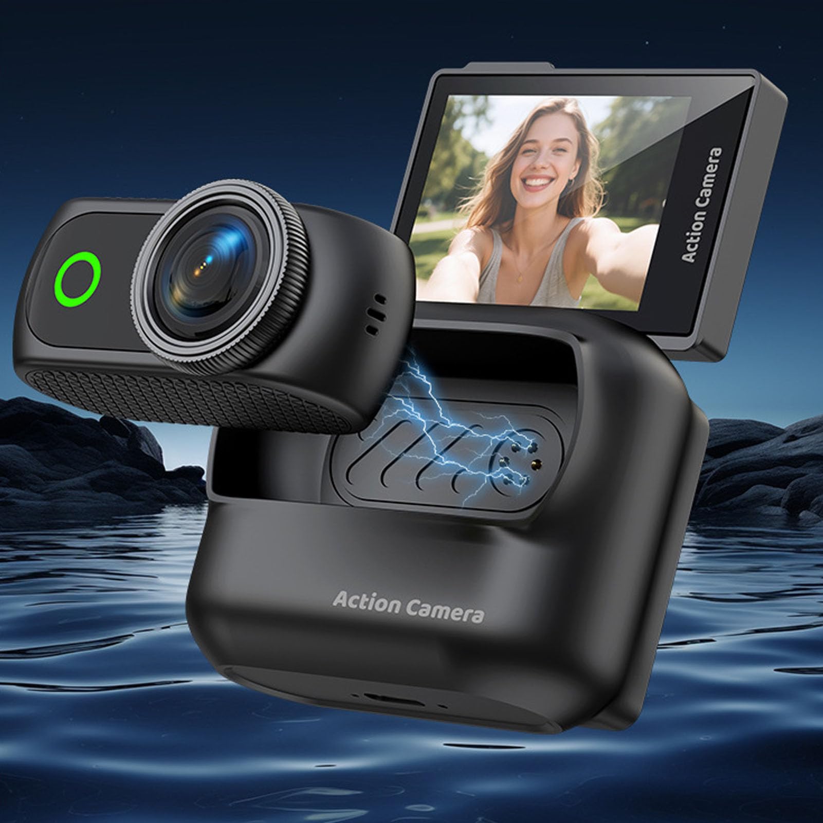 Sxhlseller Action Camera 4K con Schermo Ribaltabile, Fotocamera POV Magnetica Indossabile con Registrazione Audio Video, Fotocamera Wireless per il Pollice, Sportiva a Doppia (BLACK)