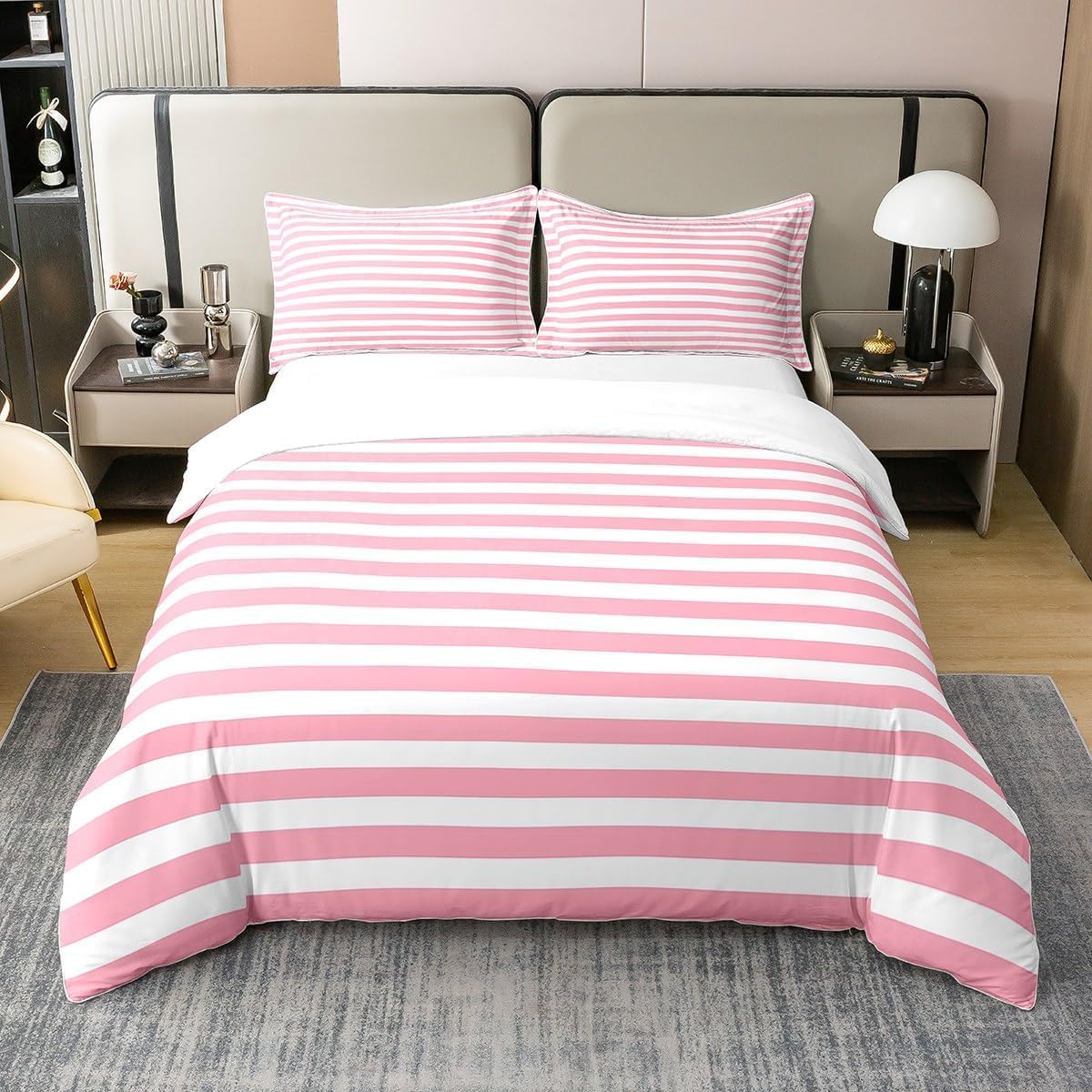 Funda Nordica de 2 Piezas para Cama 90 Rayas Rosas Funda Edredon 135x200 cm Niñas, Niños, Adultos Ropa de Cama de Microfibra Transpirable con Cremallera y 1 Fundas de Almohada 50x75 cm A-1899