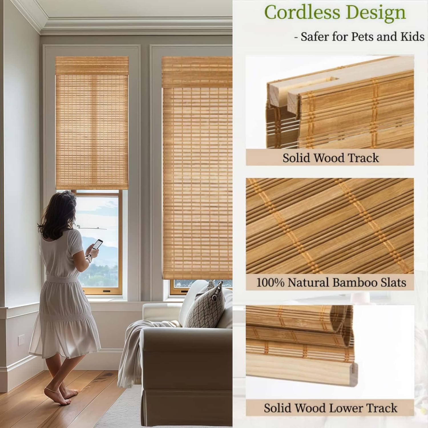 No Tools No Drill Cordless Bamboo Roman Shade Blind Woven with Valance Wood Roman Shades Light Filtering Natural Bamboo Shades.Squirrel Style.for Windows Door.38 W x 74" H
