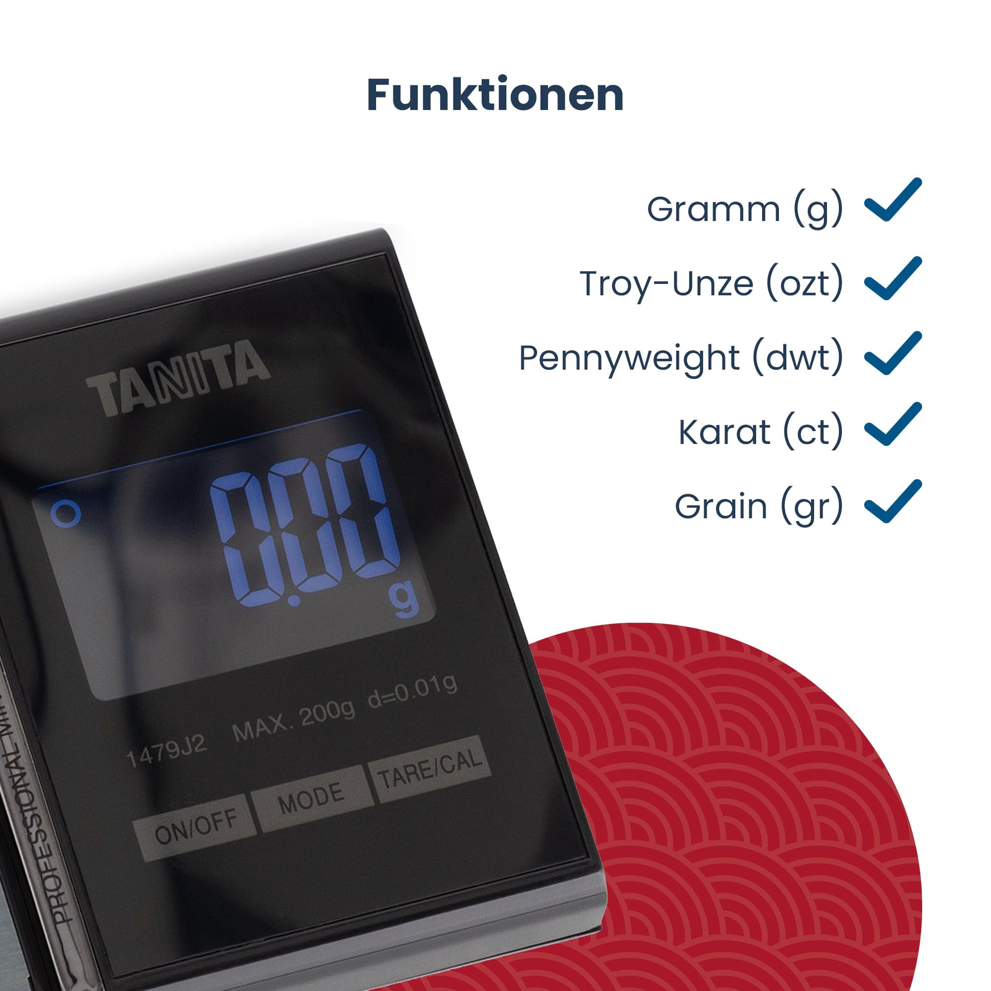 TANITA Professionelle Präzisionswaage für Schmuck und Münzen, Maximale Traglast: 200 g, Genauigkeit: 0,01 g, LCD Display, Schwarz, Inklusive Tasche