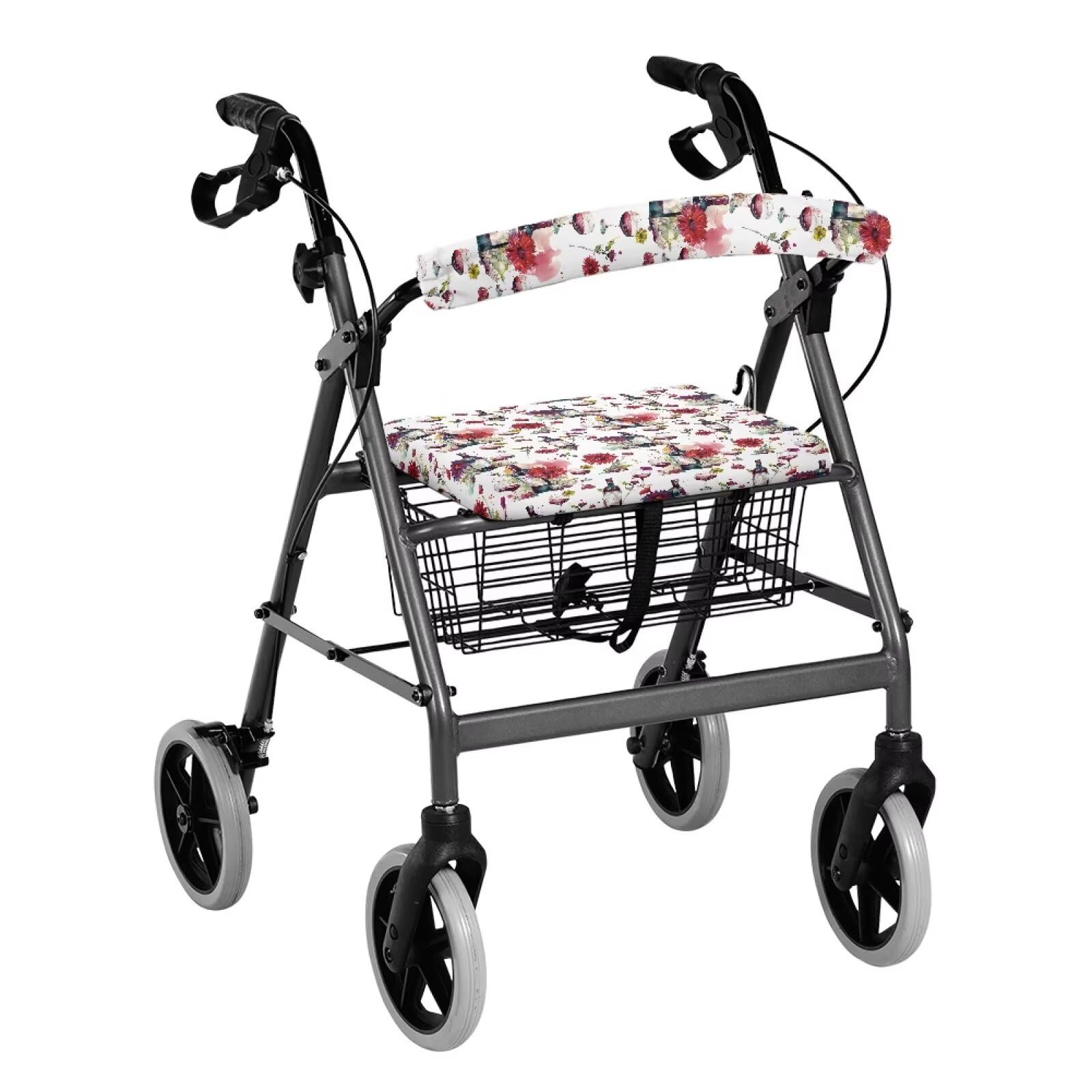 Wine Glass Floral Rollator Accessories for Ladies Soft Rollator Walker Seat and Backrest Covers Cute Walkers for Seniors with Seat Covers