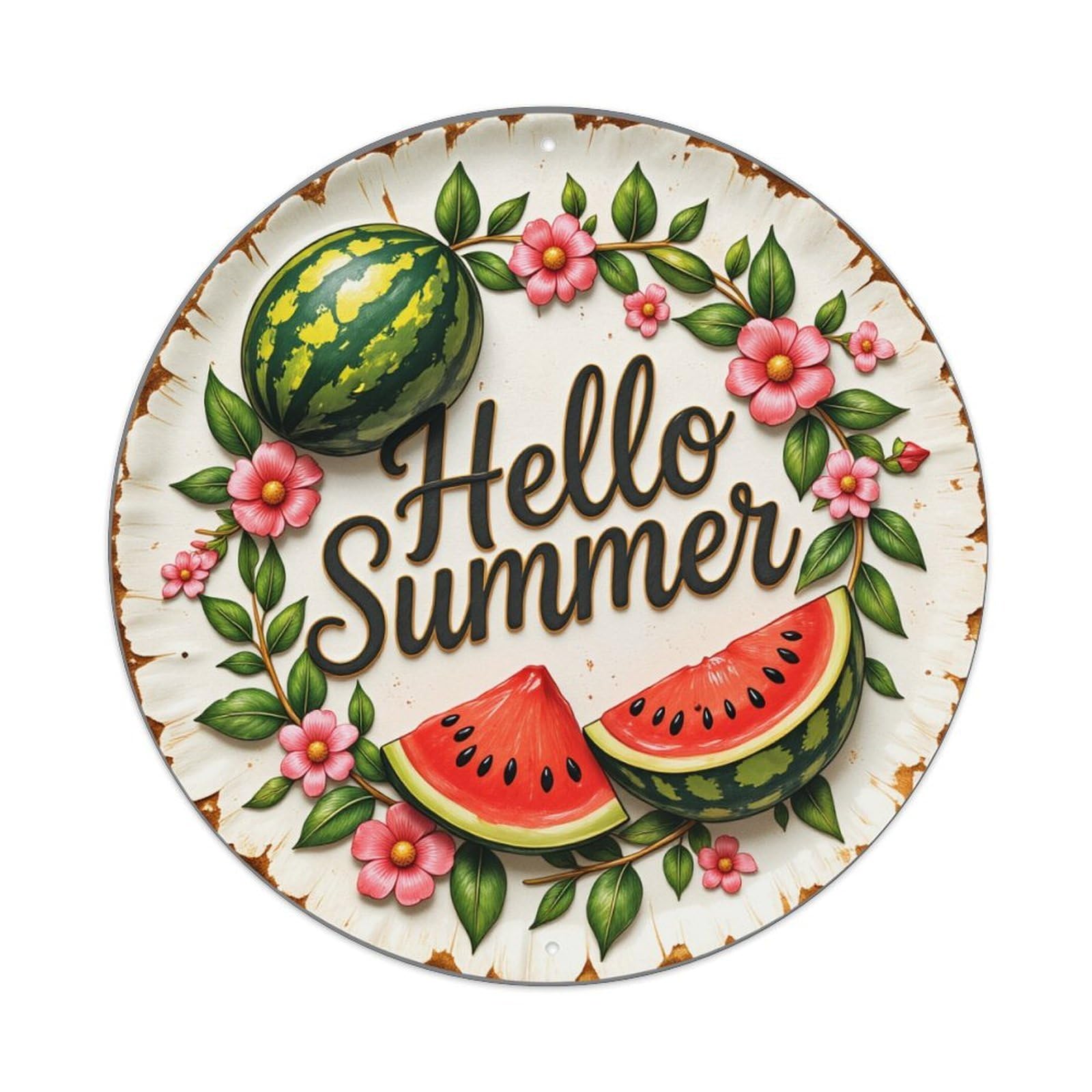 Watermelon Flowers Leaves Summer Greeting Round Tin Sign Retro Metal Sign for Cafe Bar Pub Home Game Room Gym Club Wall Decoration Vintage Metal Poster 8x8 Inch
