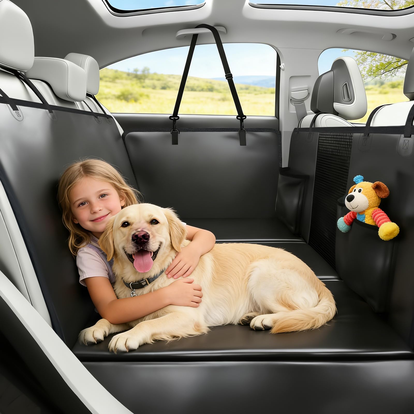 Hundedecke Auto Rückbank mit Harter Unterseite, PU-Leder Hunde Autoschondecke Rückbank, Wasserdicht Kratzfest, Belastbar bis 180 kg, für SUV, LKW, Universal